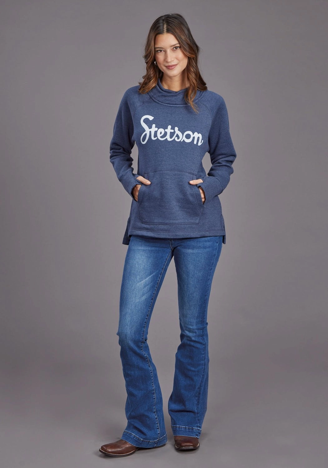 Breathable Open Weave Stetson Womens Script Logo Blue Cotton Blend Sweatshirt
