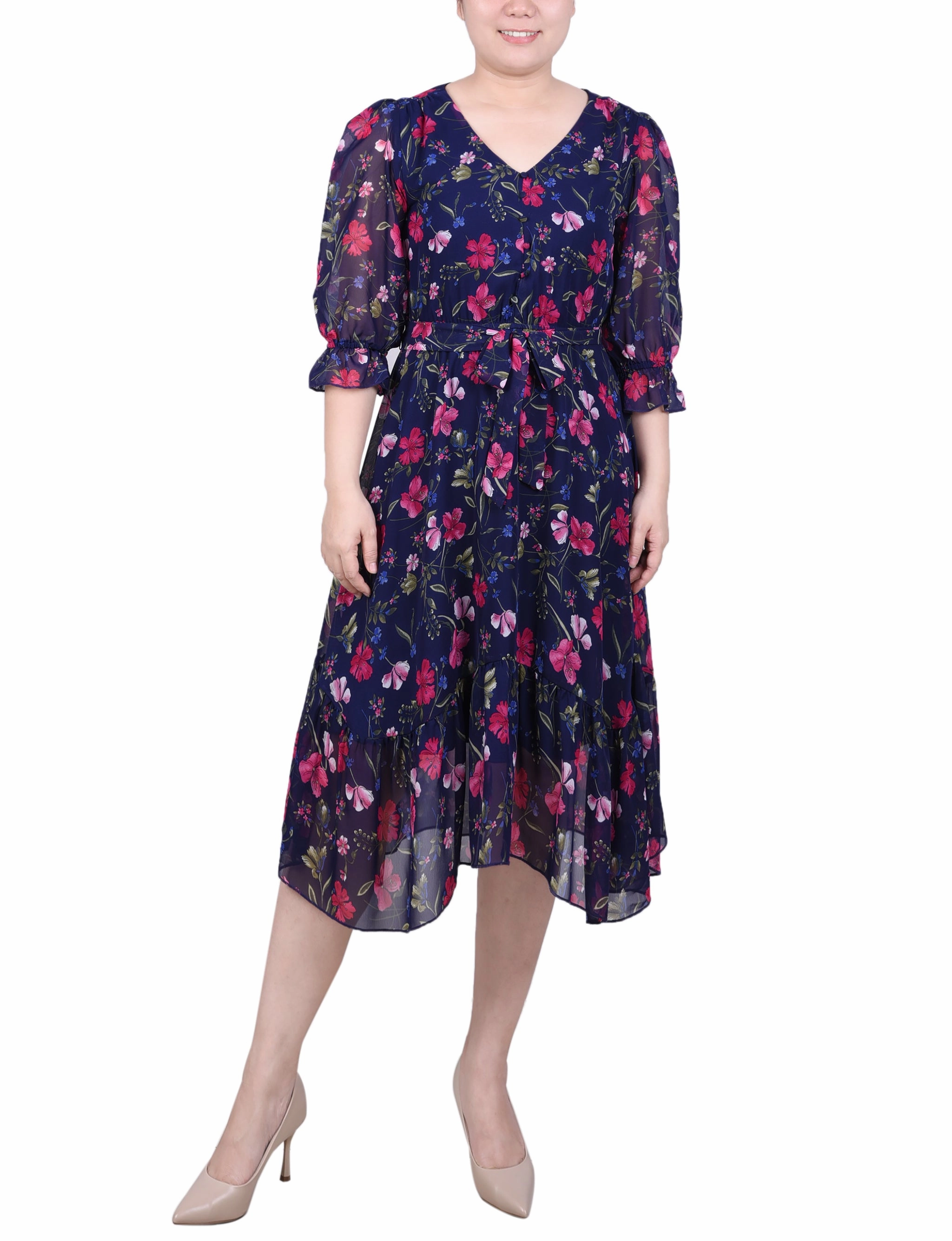 Comfort First Smooth Tone Petite 3/4 Sleeve V-Neck Flounced Dress