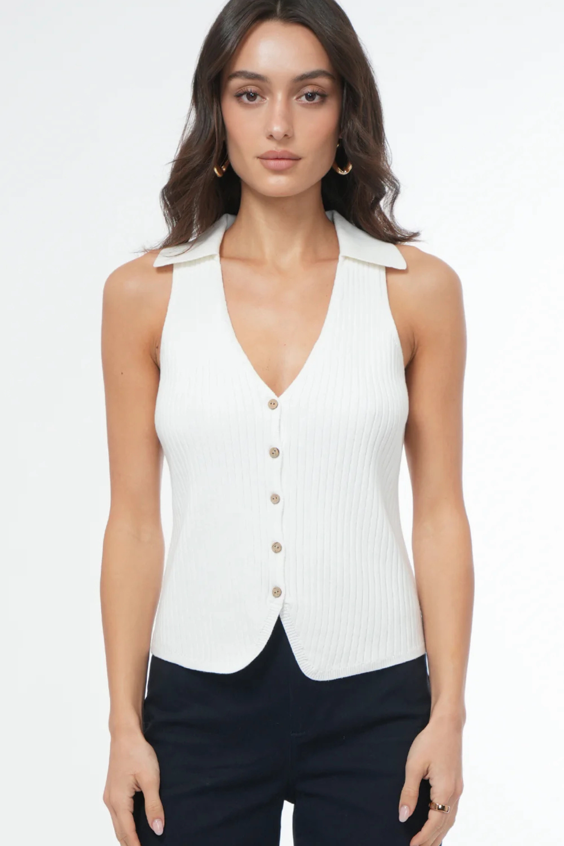 Tatiana Collared Knit Vest Biodegradable Fiber Blend WeightedHem