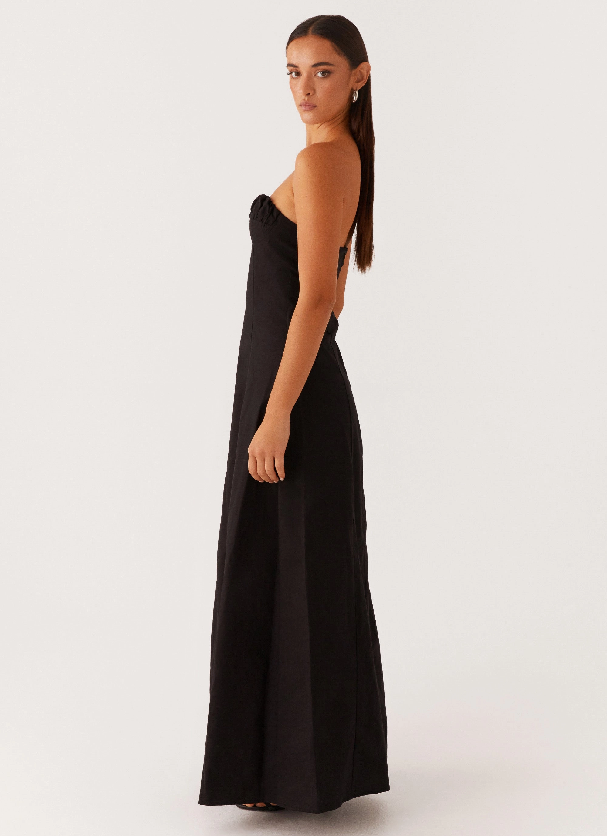 Tayla Linen Maxi Dress - Black Stand Collar Comfortable Outerwear