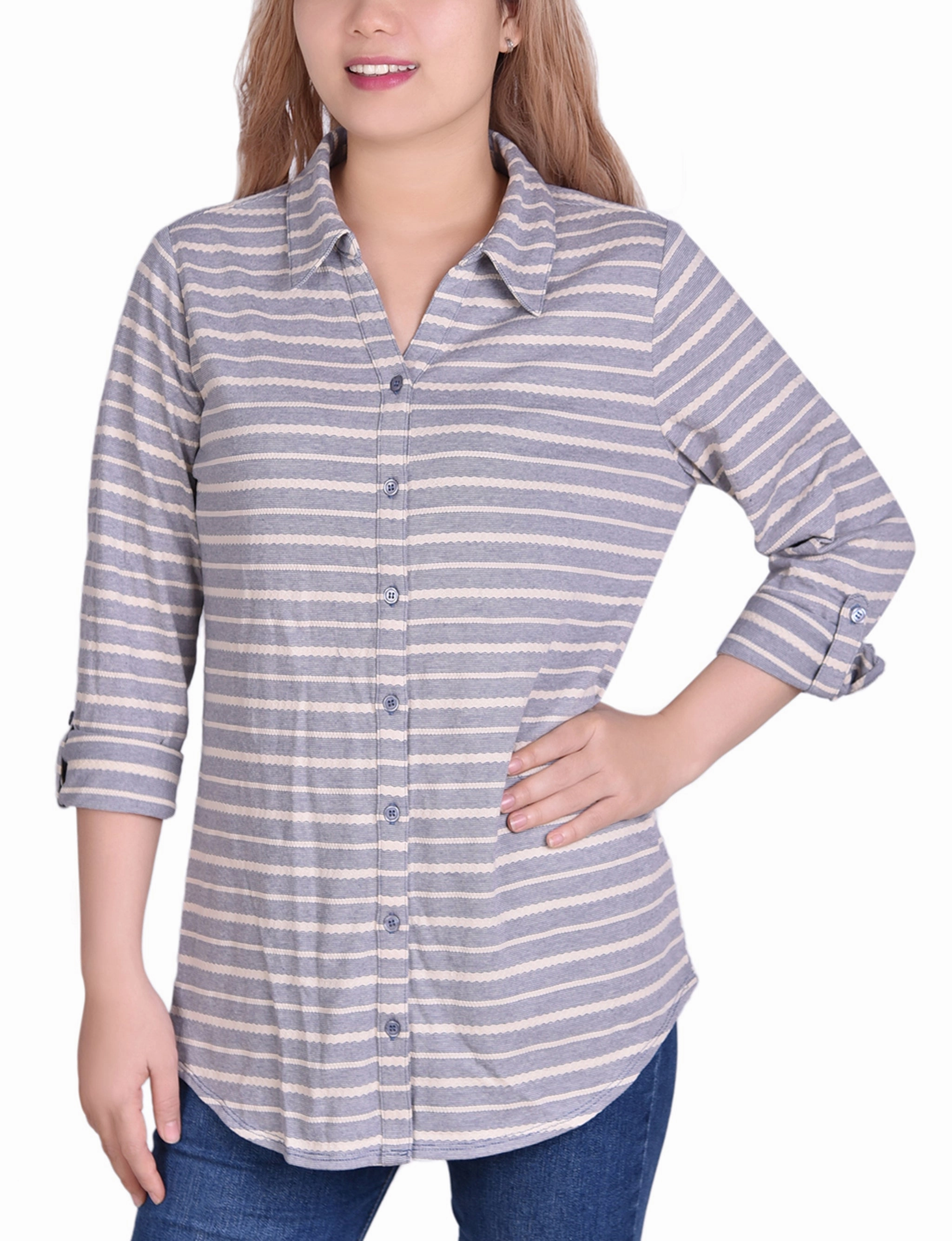 3/4 Sleeve Roll Tab Striped Jacquard Blouse Heat Regulating Fabric Non Restrictive Armhole Cut
