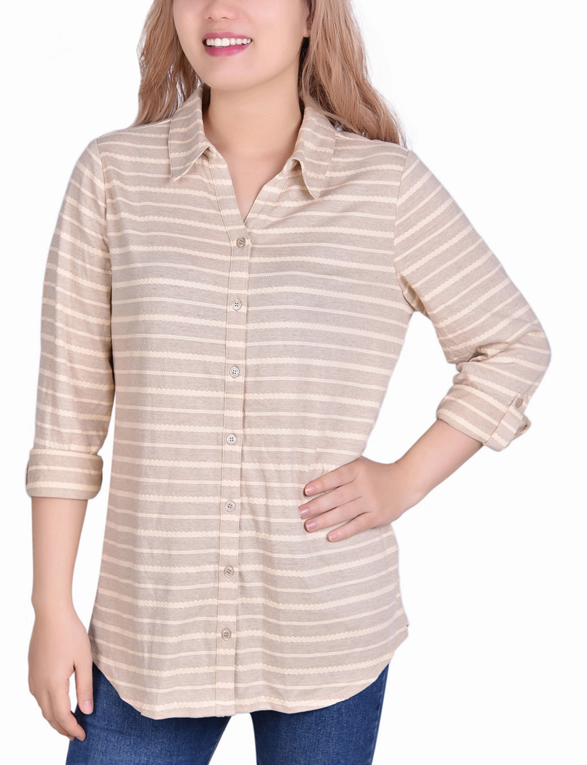 Layered Collar Design Relaxed Tee 3/4 Sleeve Roll Tab Striped Jacquard Blouse