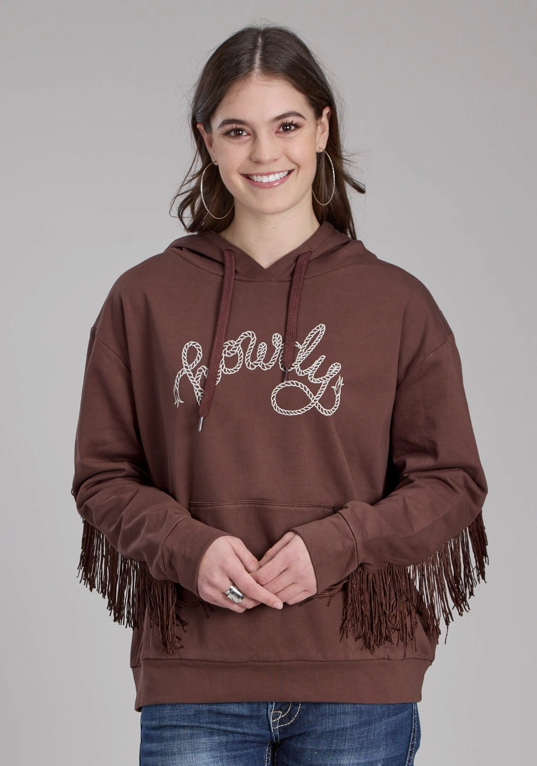 Roper Womens Howdy Fringe Brown 100% Cotton Hoodie Layer Piece Breathable Material