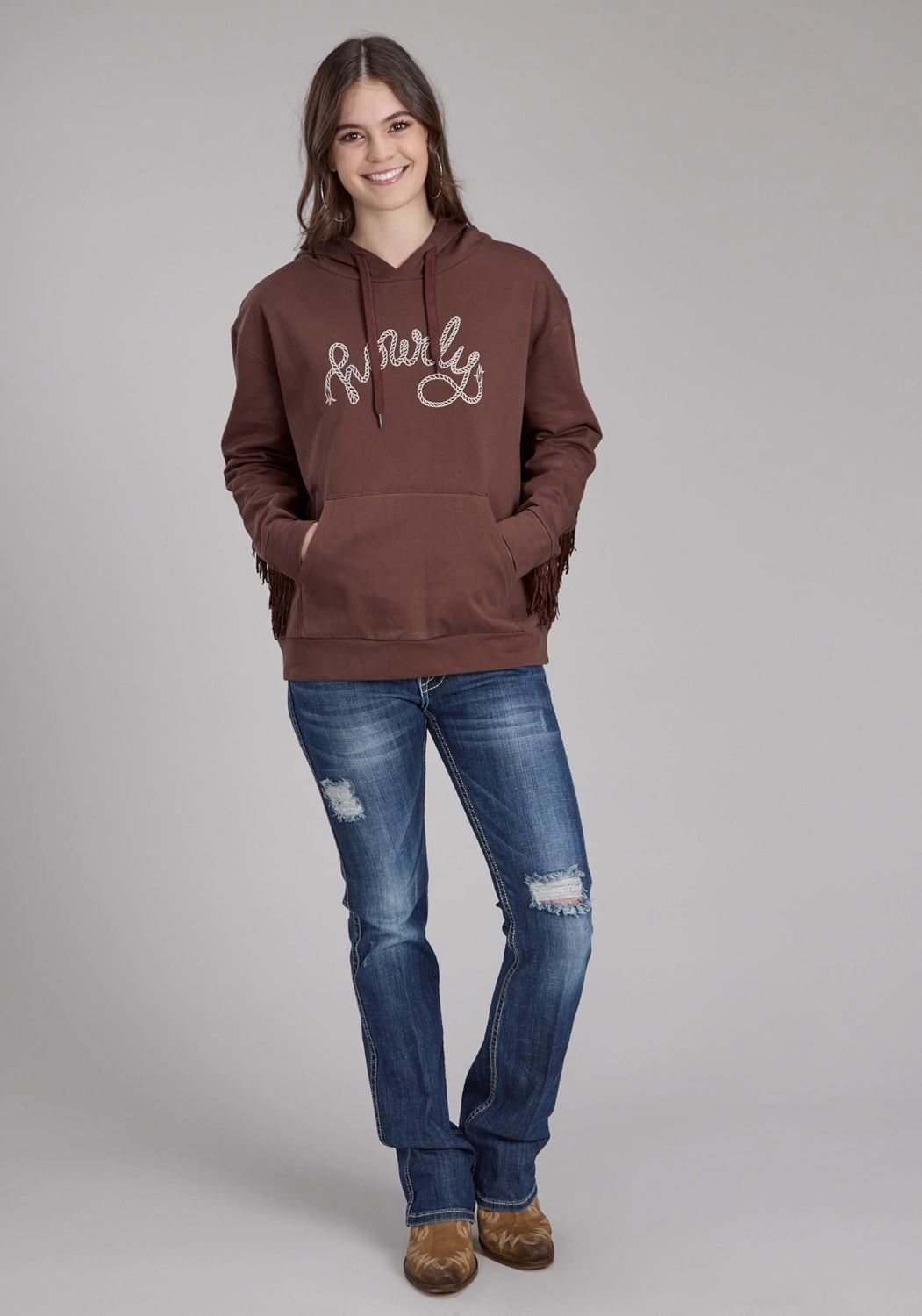 Articulated Elbows Teflon Coated Roper Womens Howdy Fringe Brown 100% Cotton Hoodie