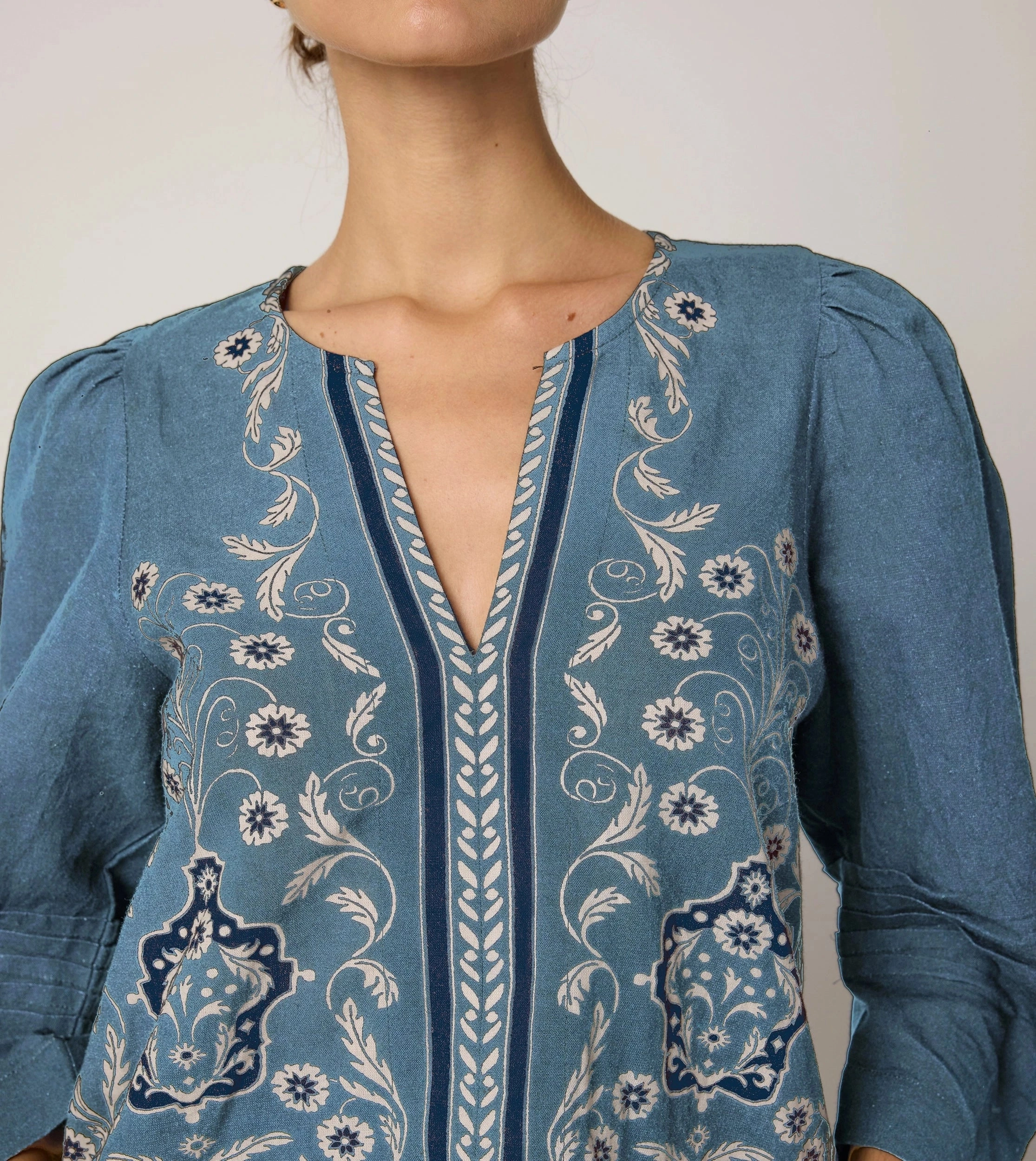 Farrah Blouse | Cardamon Blue Adjustable Cuffs DoubleStitchedHem