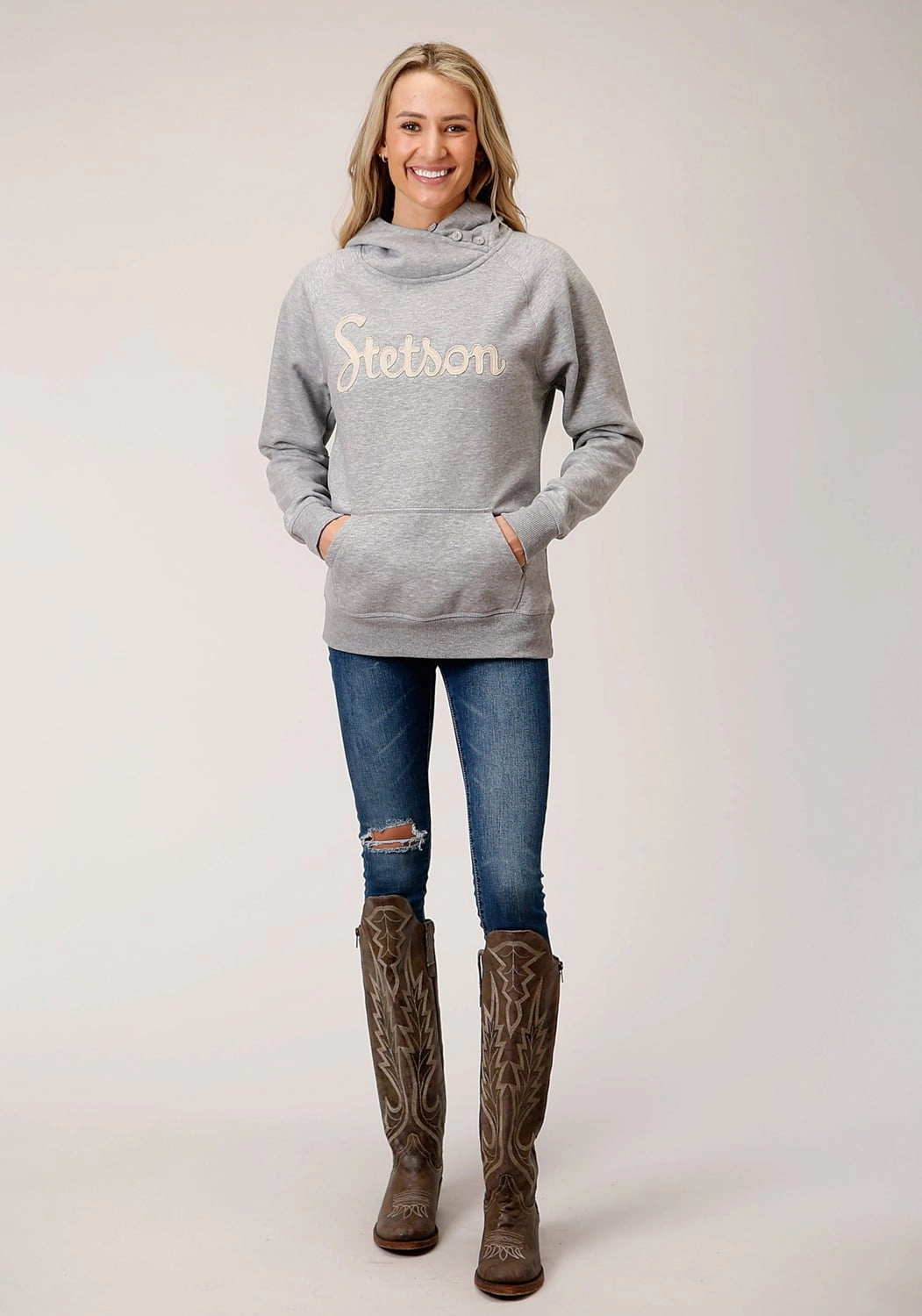 Stetson Womens Grey Cotton Blend 3 Button Applique Hoodie Everyday Comfort Wear All Day Comfort Fit