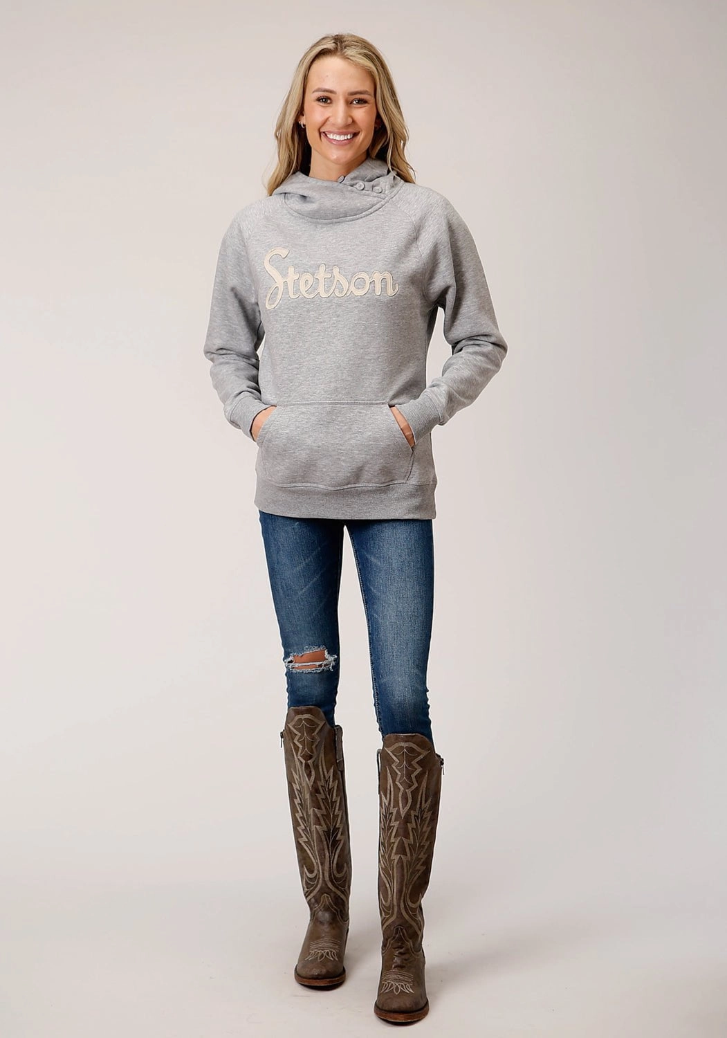 Stetson Womens Grey Cotton Blend 3 Button Applique Hoodie Machine Washable Design Simple Style