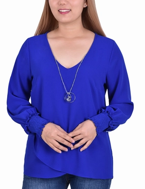 Sun Protection Fabric Petite Long Sleeve Overlapping Crepe Blouse Wth Necklace