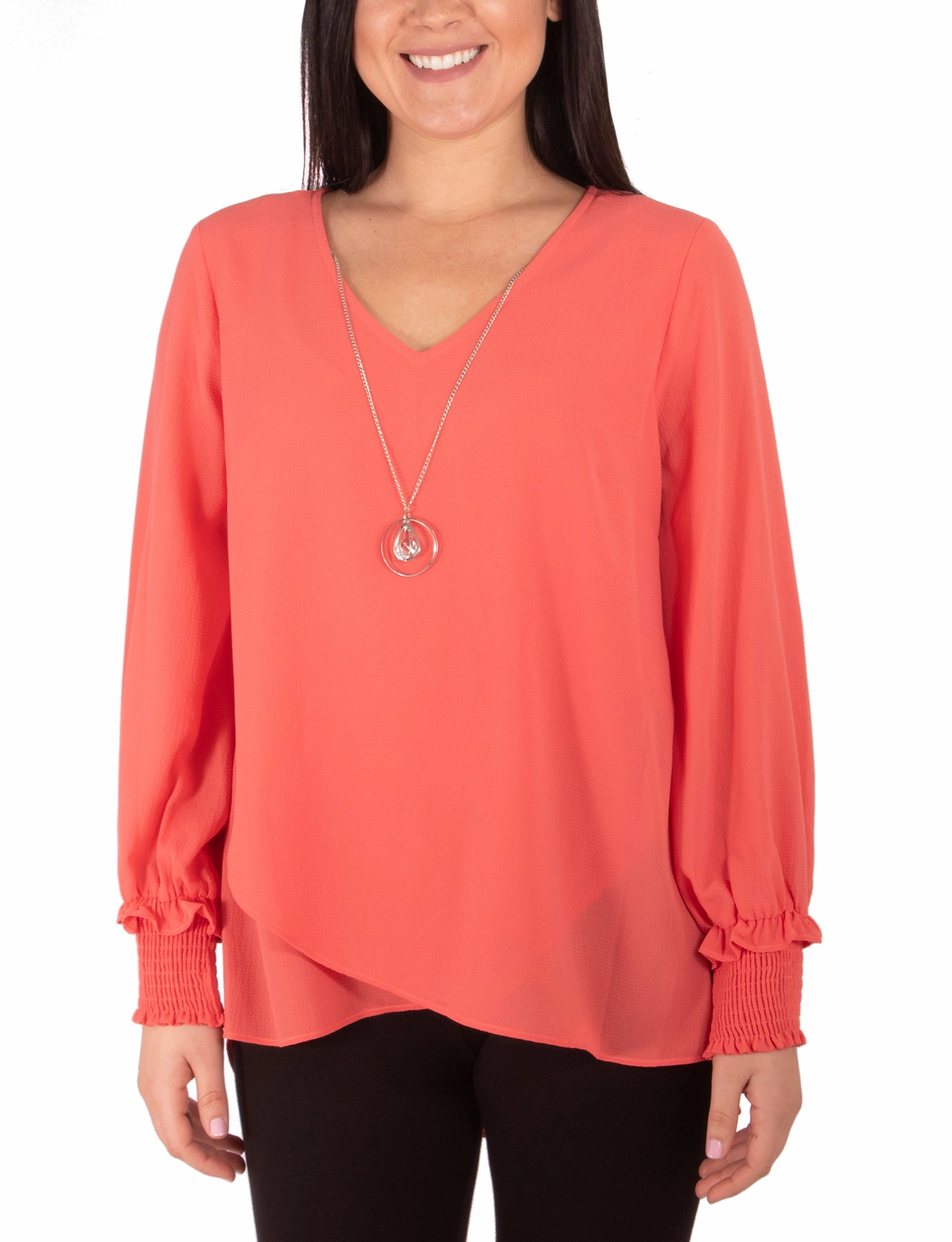 Petite Long Sleeve Overlapping Crepe Blouse Wth Necklace TailoredCut