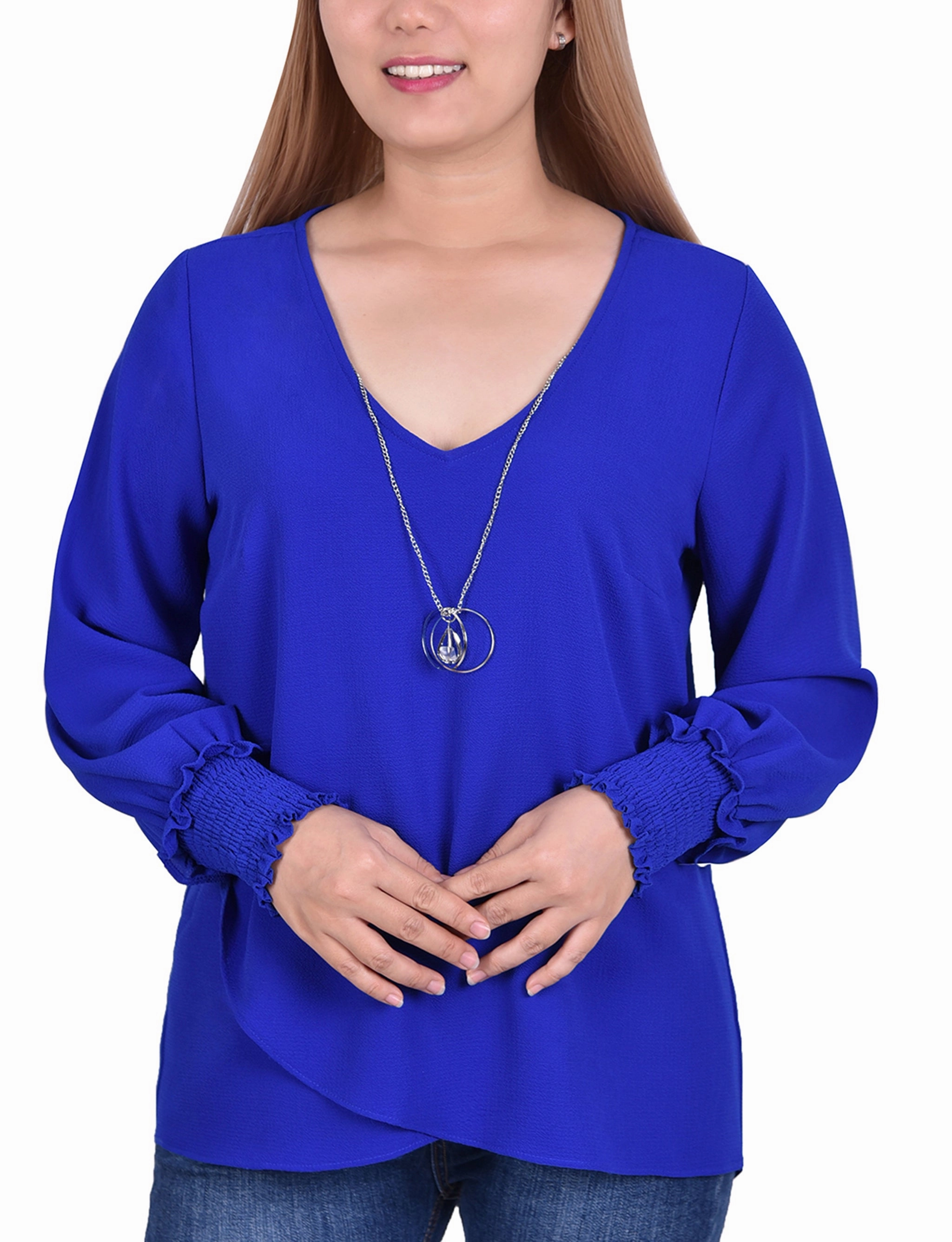 UniversalFit WaterRepellent Coating Petite Long Sleeve Overlapping Crepe Blouse Wth Necklace
