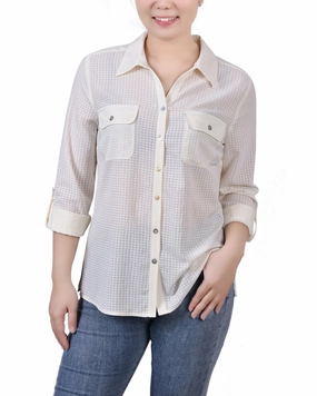 Sustainable Manufacturing Process Oversized Fit 3/4 Sleeve Windowpane Blouse
