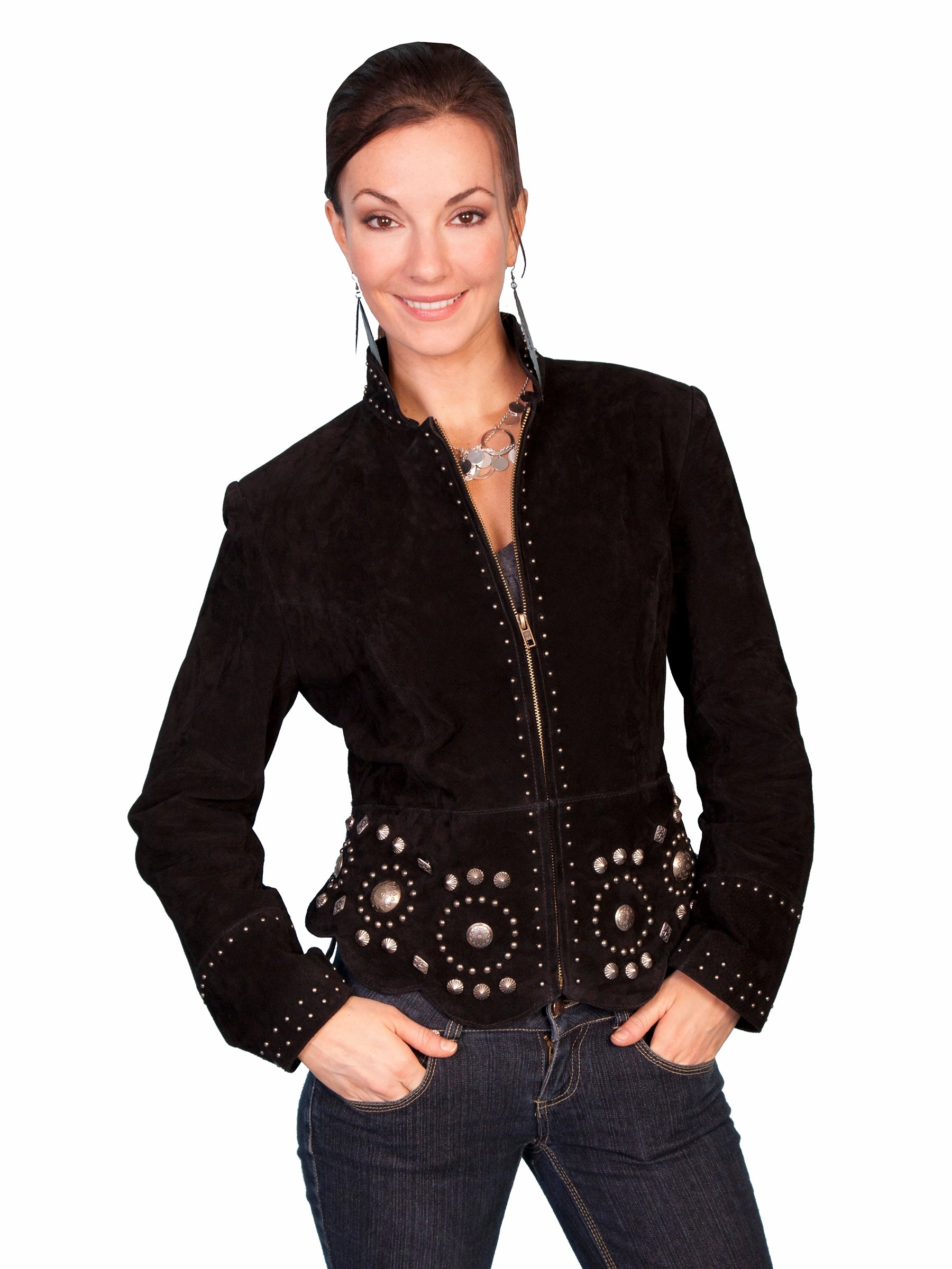 Anti Static Treatment Scully Leather Womens Studded Conchos Boar Suede Jacket Black