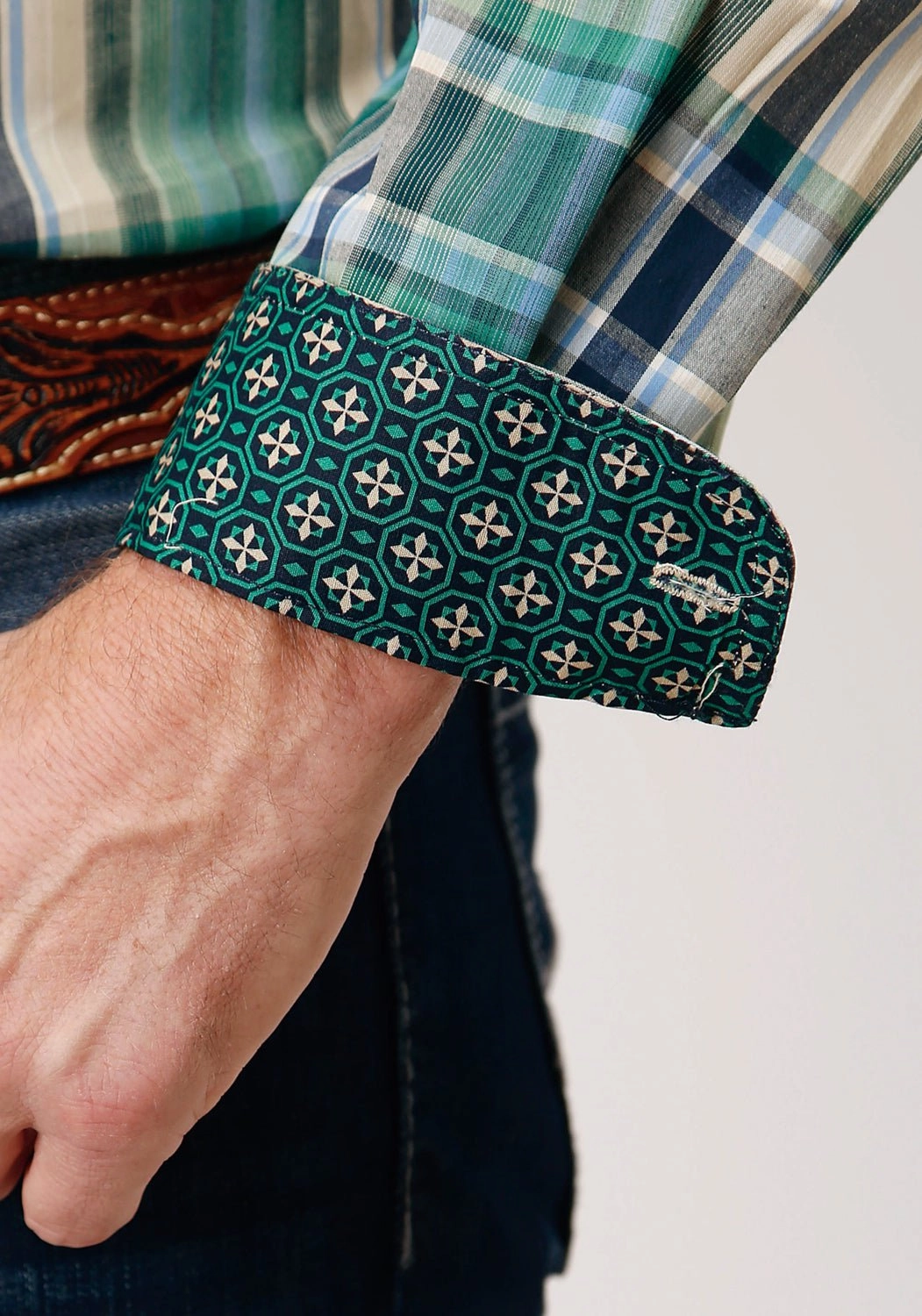 Roper Mens Ocean Plaid Blue 100% Cotton L/S Shirt High-End Fashion Athleisure Wear