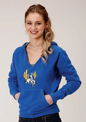 Roper Womens Blue Cotton Blend Bronc Rider Cactus Hoodie Go To Layer