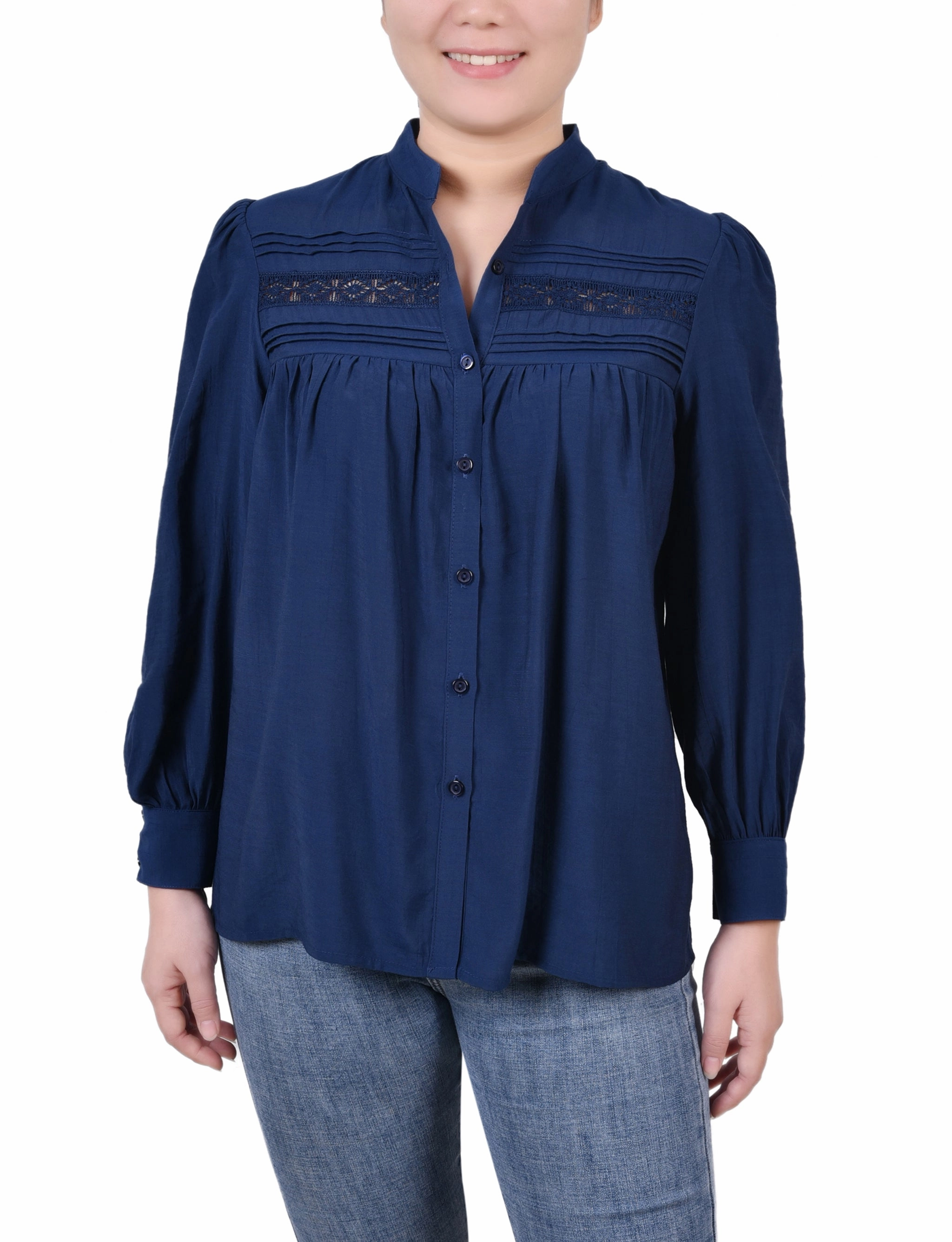 Petite Long Sleeve Crochet Blouse stain resistant coating