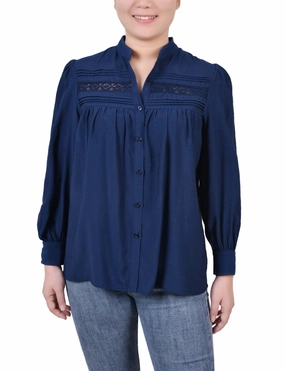 Petite Long Sleeve Crochet Blouse ReinforcedShoulderConstruction Tagless Comfort Collar