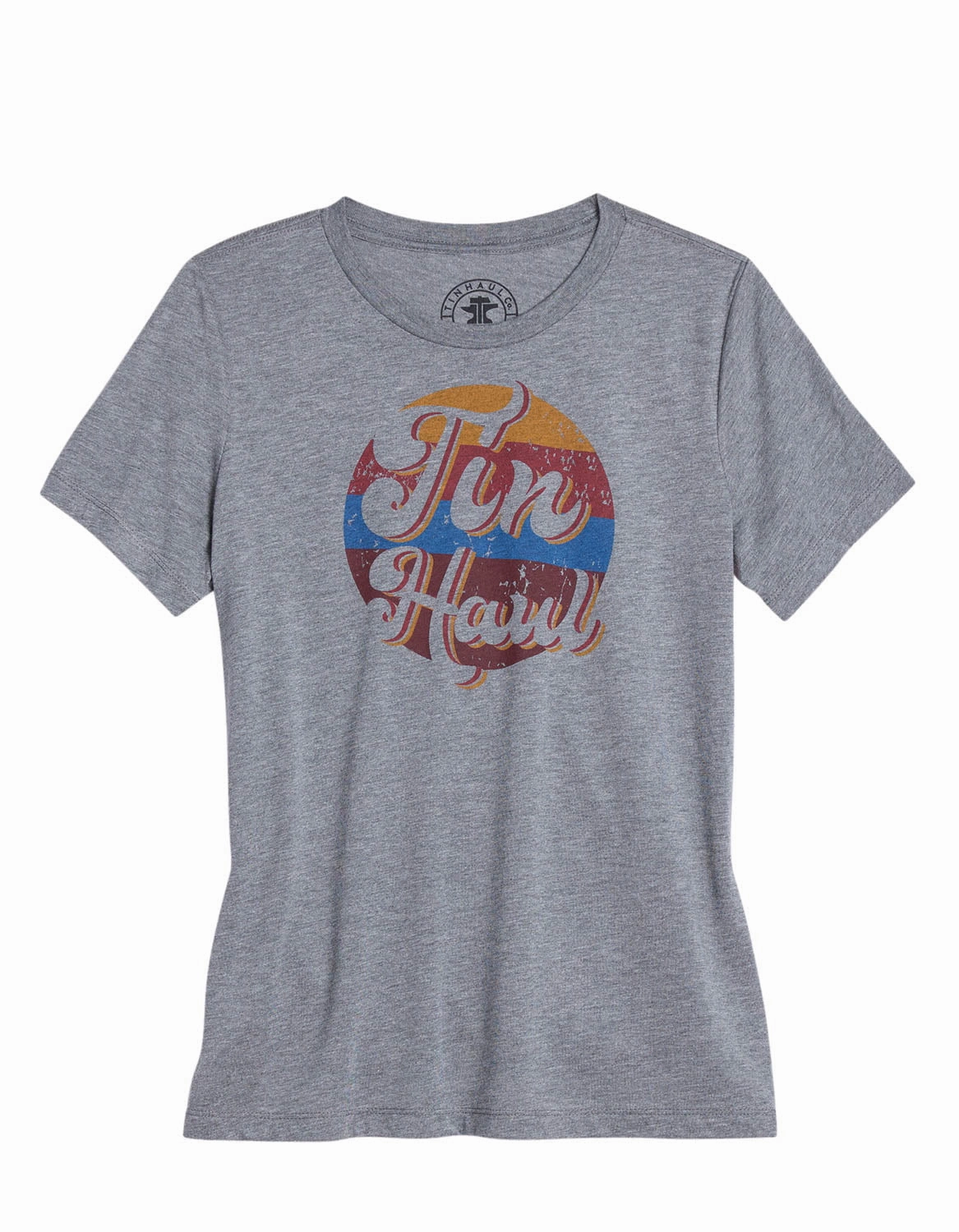 Tin Haul Womens Multi Circle Stripes Grey Poly/Cotton S/S T-Shirt family gathering Flexible Shoulder Panels