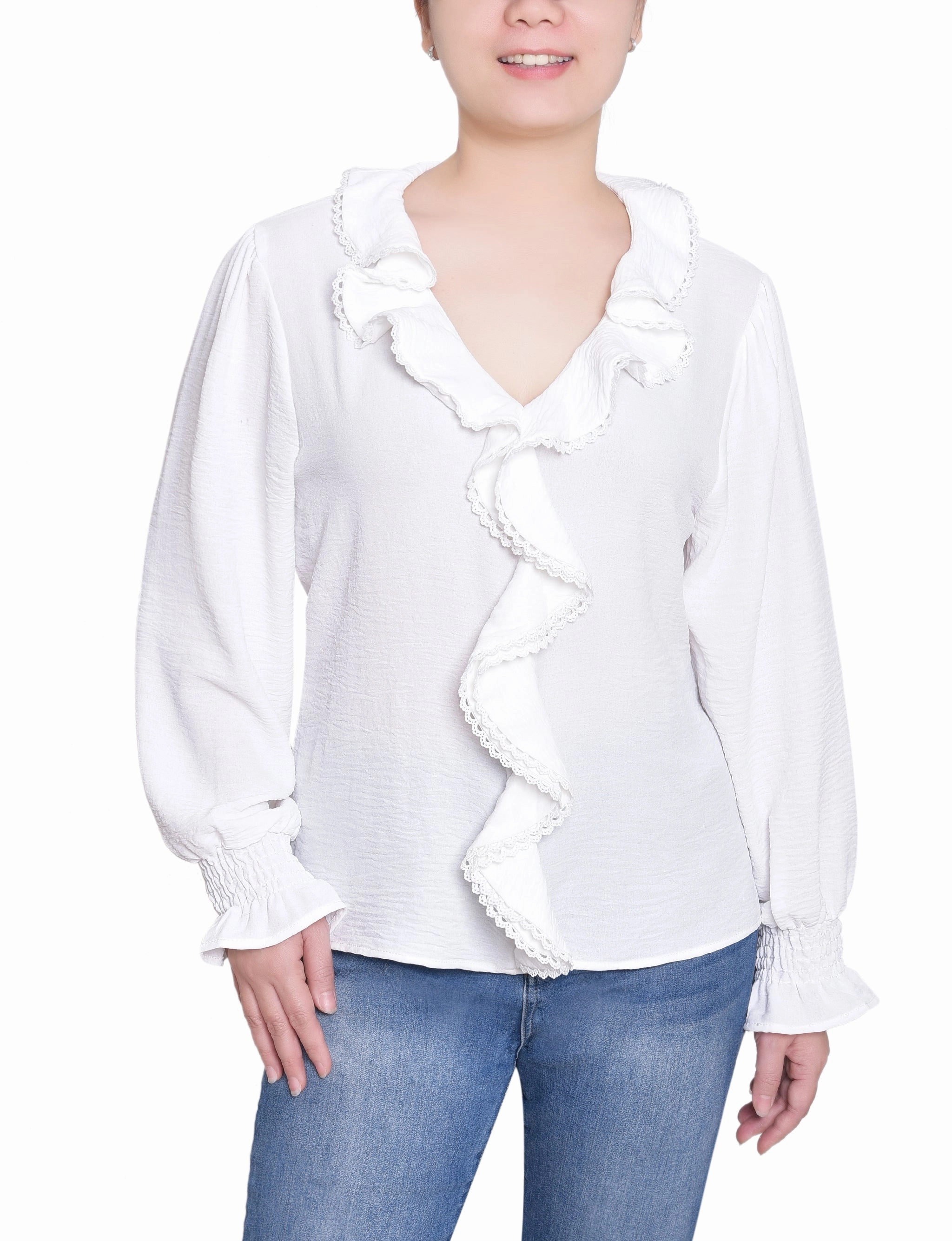 Short Sleeve Ruffle Front Blouse Circular Knit