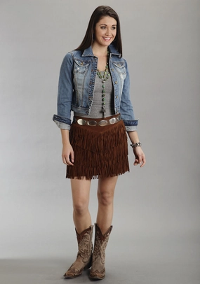 Cuffed hem Creative Fashion Stetson Womens Brown Mid Length Suede Leather Skirt Western Fringe Cowgirl