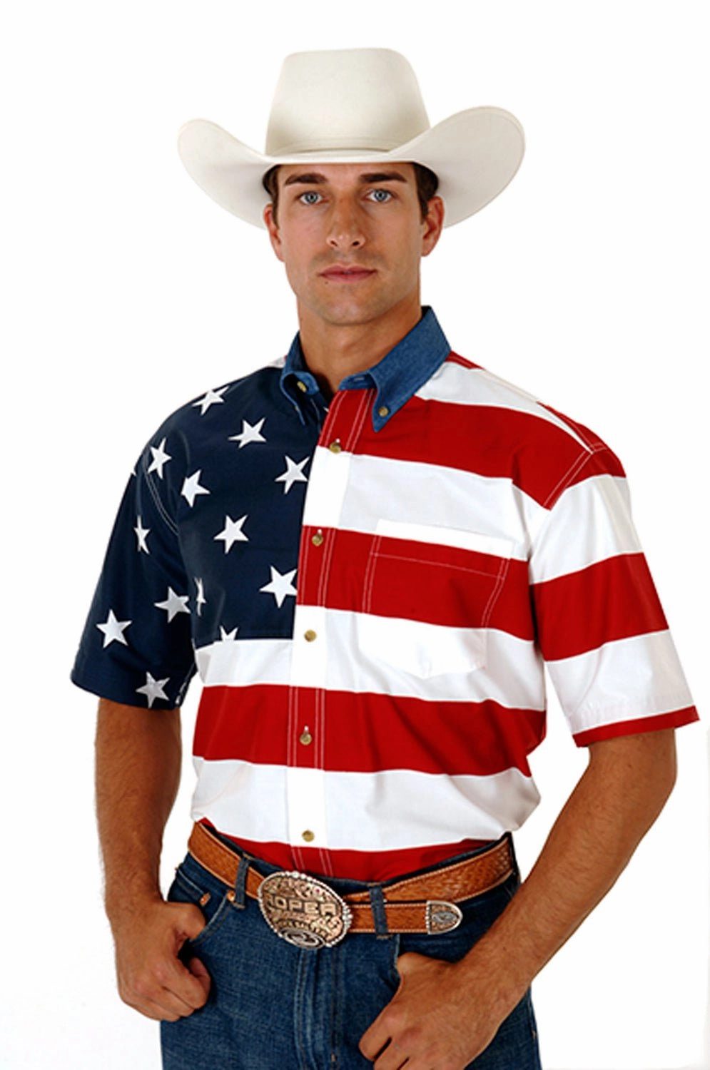 Roper Mens Stars and Stripes Red/Blue 100% Cotton Btn S/S Shirt Polo Style Ventilated Back Panel