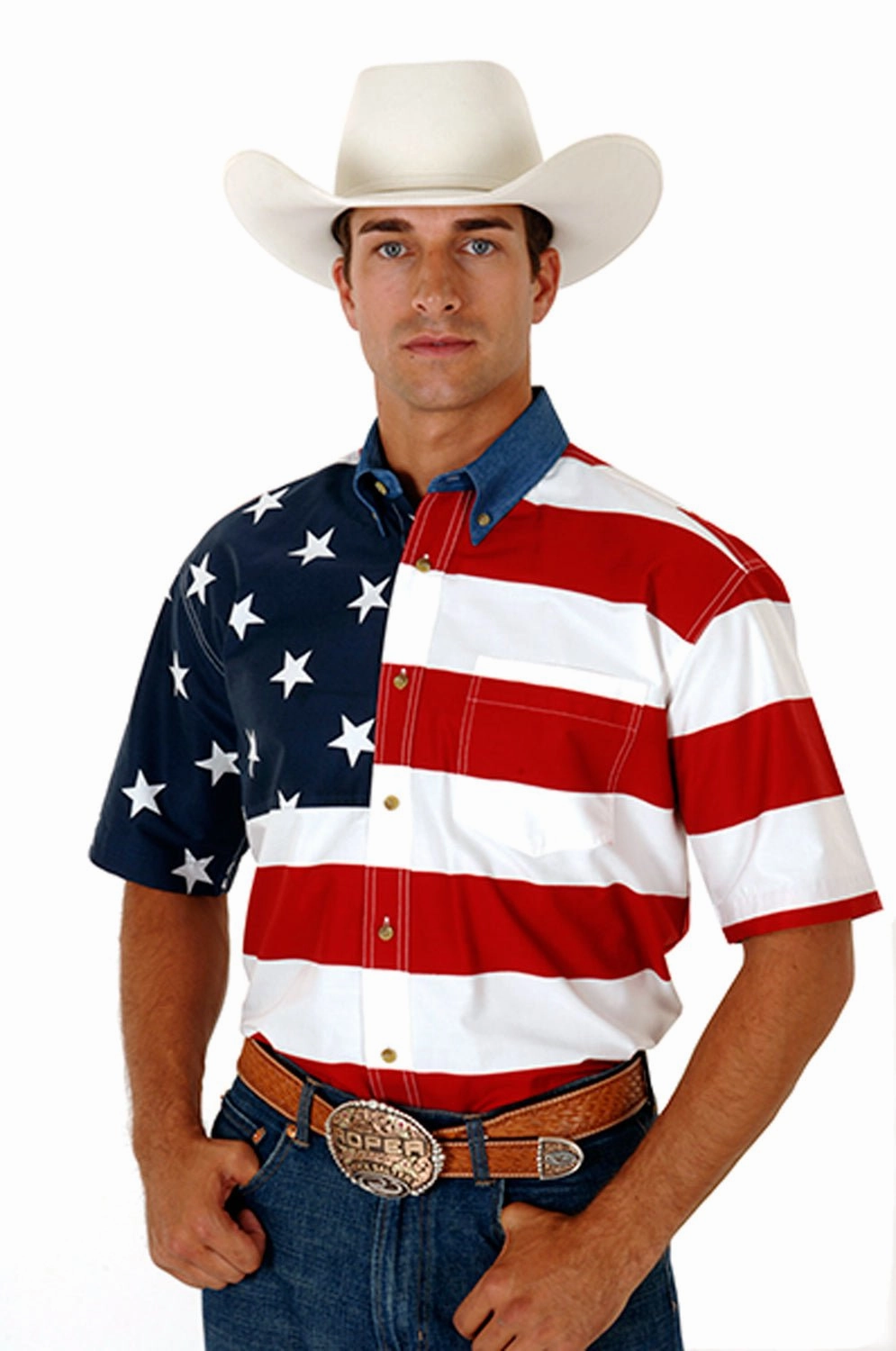 Roper Mens Stars and Stripes Red/Blue 100% Cotton Btn S/S Shirt Ergonomic Sleeve Cut Fashion staples