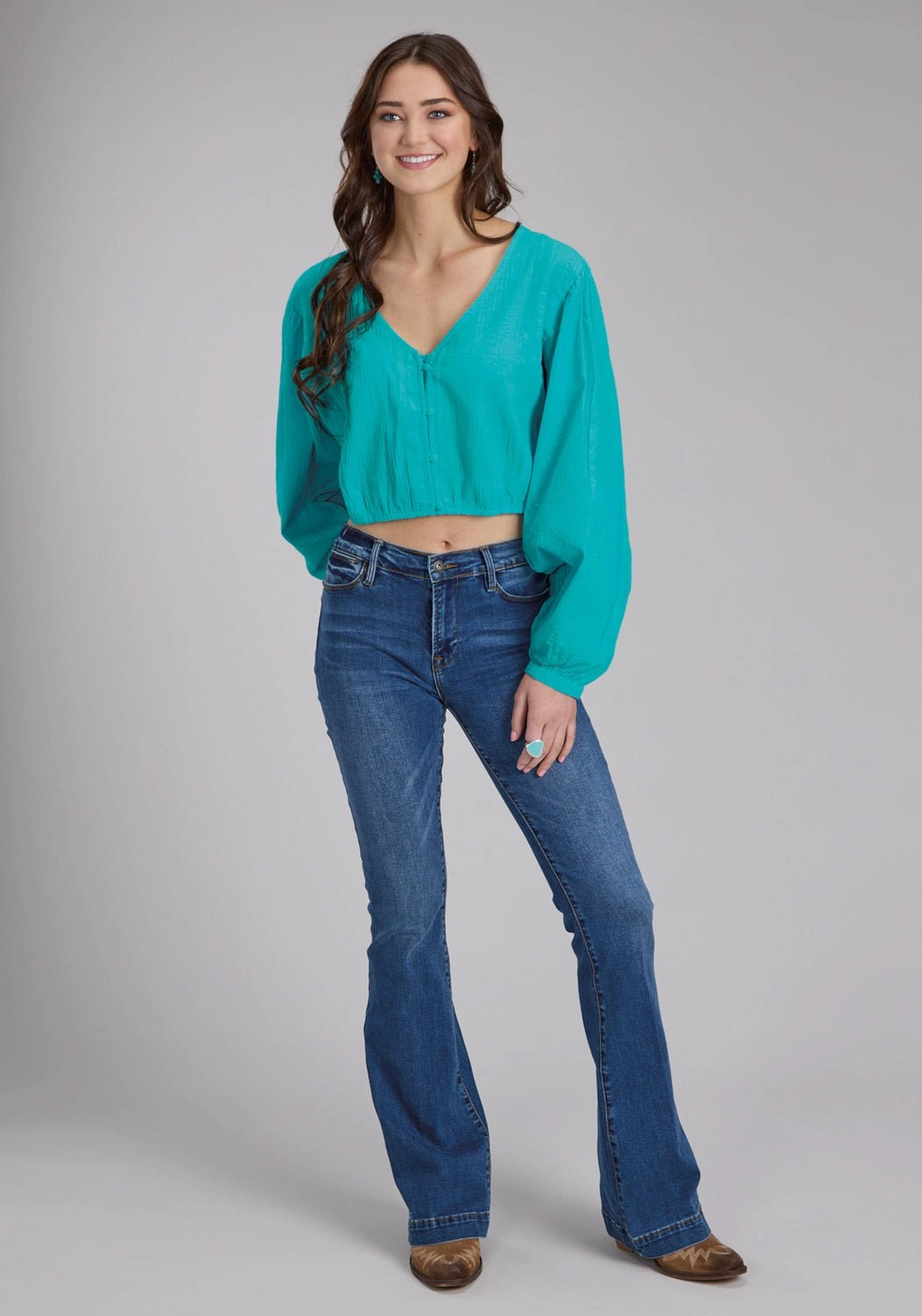 Roper Womens Cropped Seersucker Turquoise 100% Cotton L/S Blouse Standalone Option Outerwear Companion