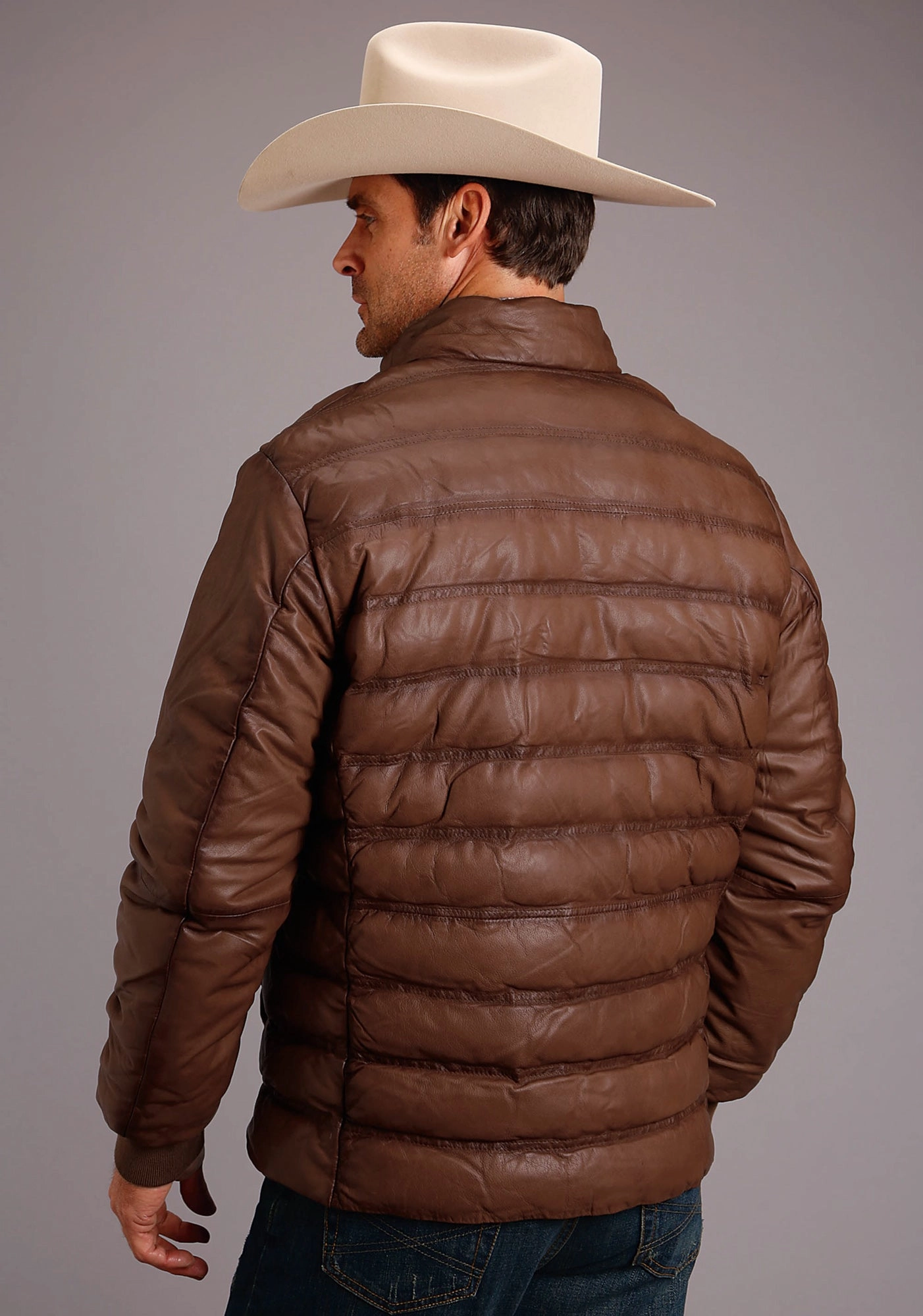 Stetson Mens Brown Leather Puffy Body Jacket Stretch Comfort Design