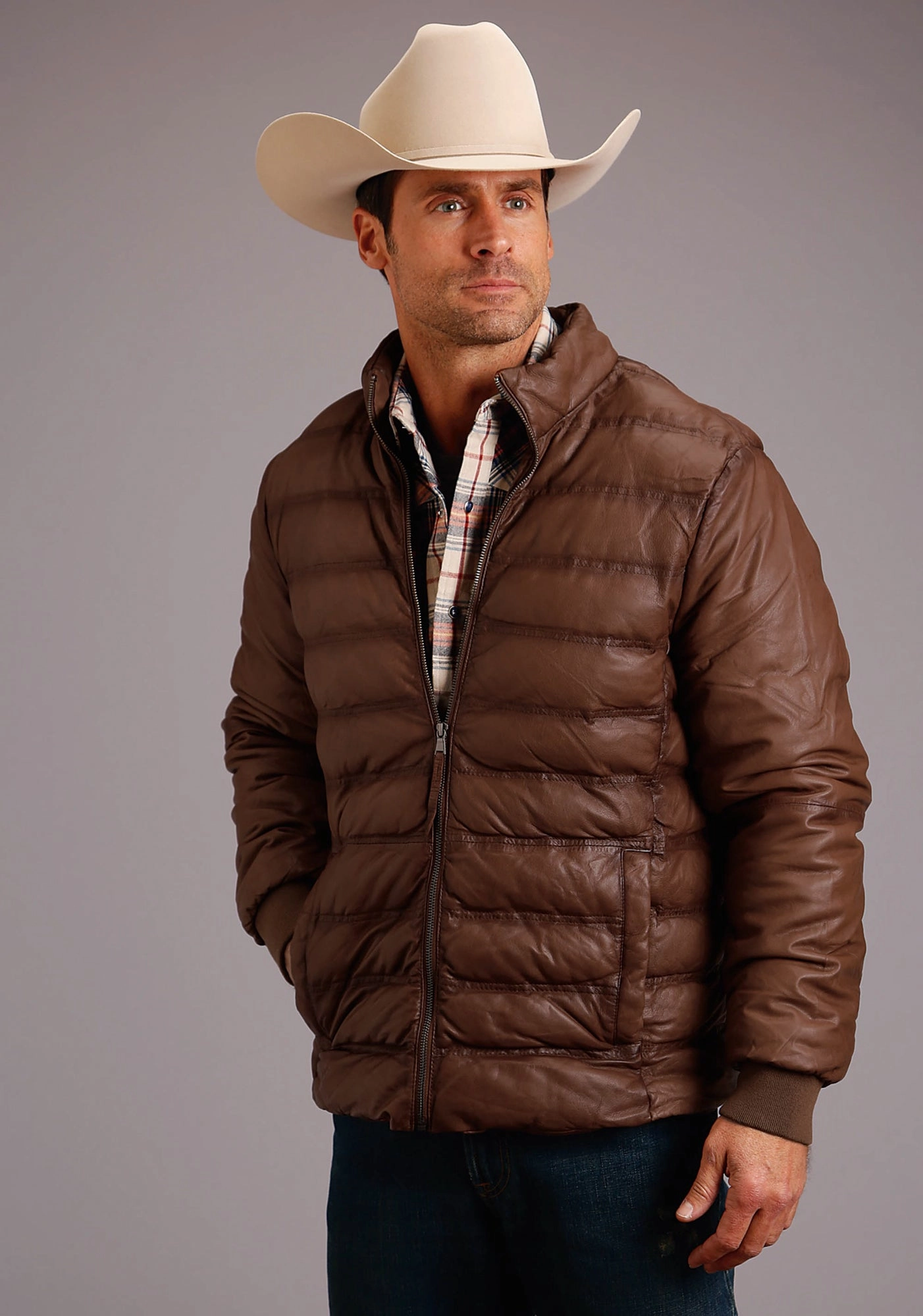 Stylish Chill Piece Stetson Mens Brown Leather Puffy Body Jacket