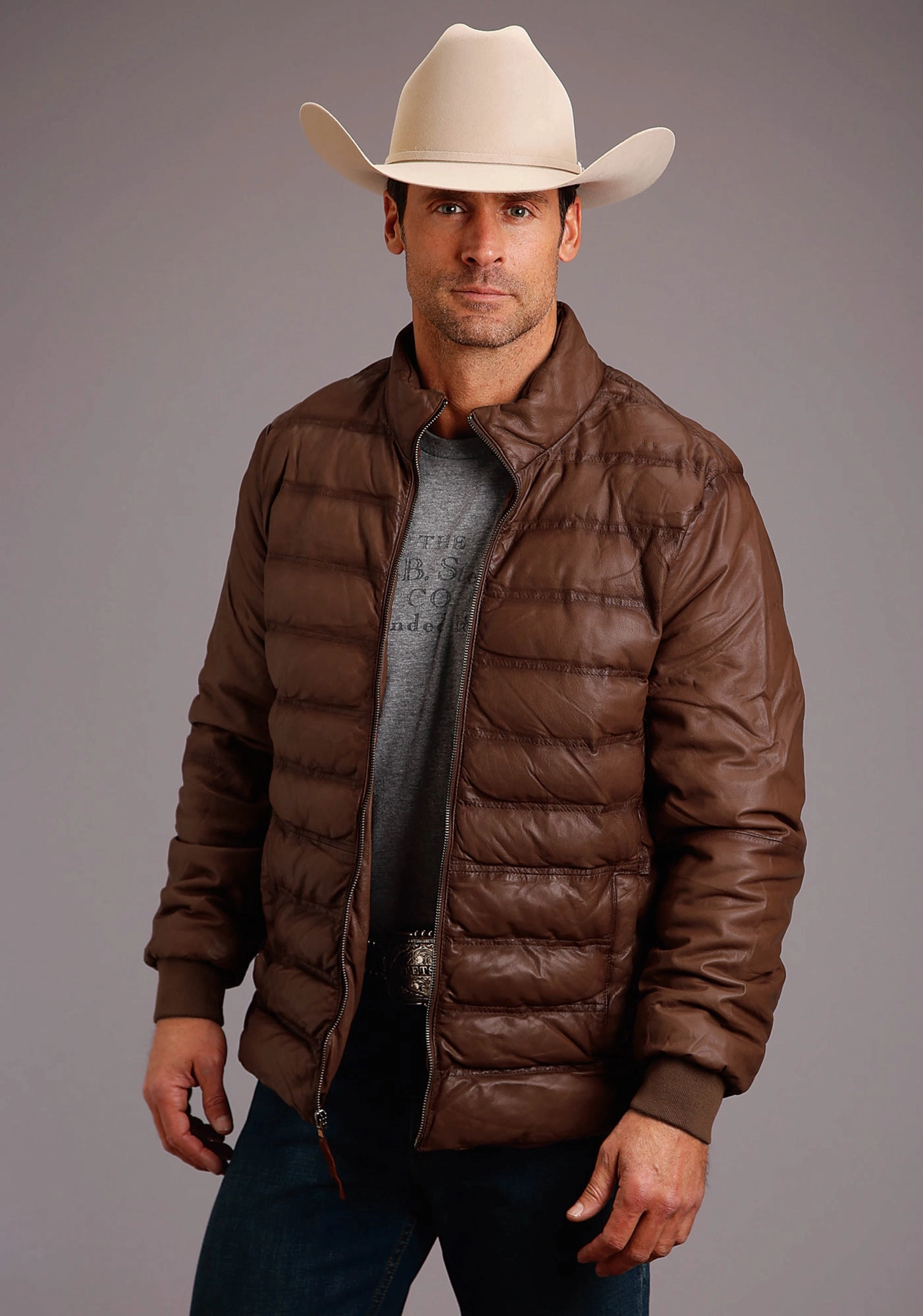 RibbedTrims Stetson Mens Brown Leather Puffy Body Jacket