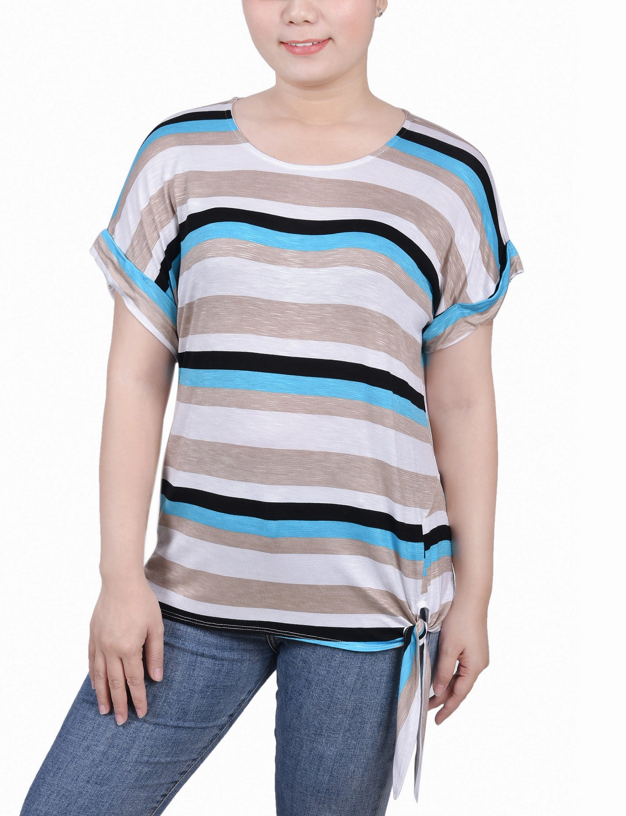 Petite Short Sleeve Tie Front Top Snag Resistant Surface Ribbed Hem