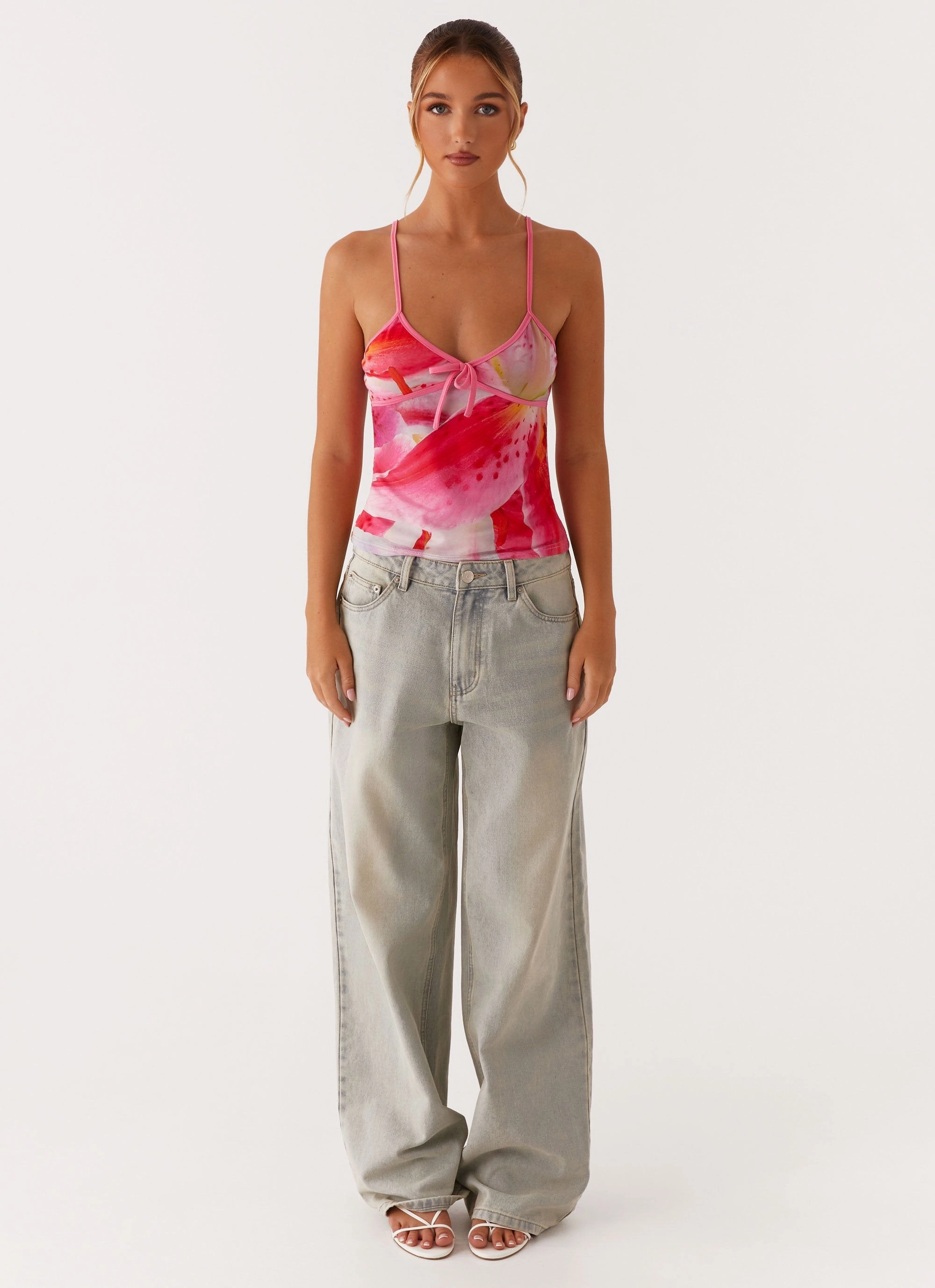 Claudie Mesh Top - White Pink Lilly ribbed texture