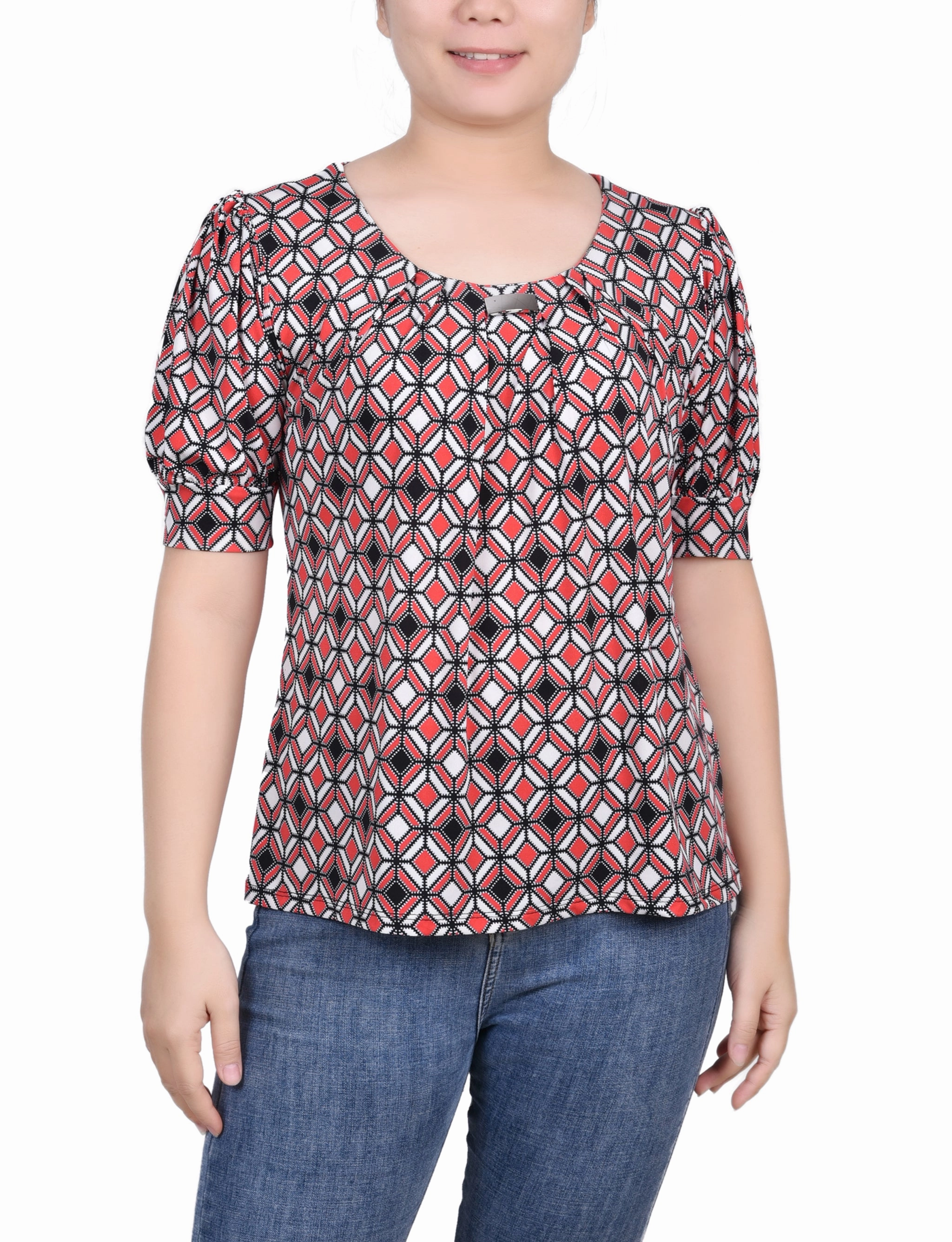 Petite Short Sleeve Balloon Sleeve Top Sustainable Production Methods OrganicCottonBlend