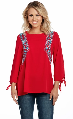 Slim Silhouette Cowgirl Up Womens Red Polyester Embroidered Top Tunic S/S