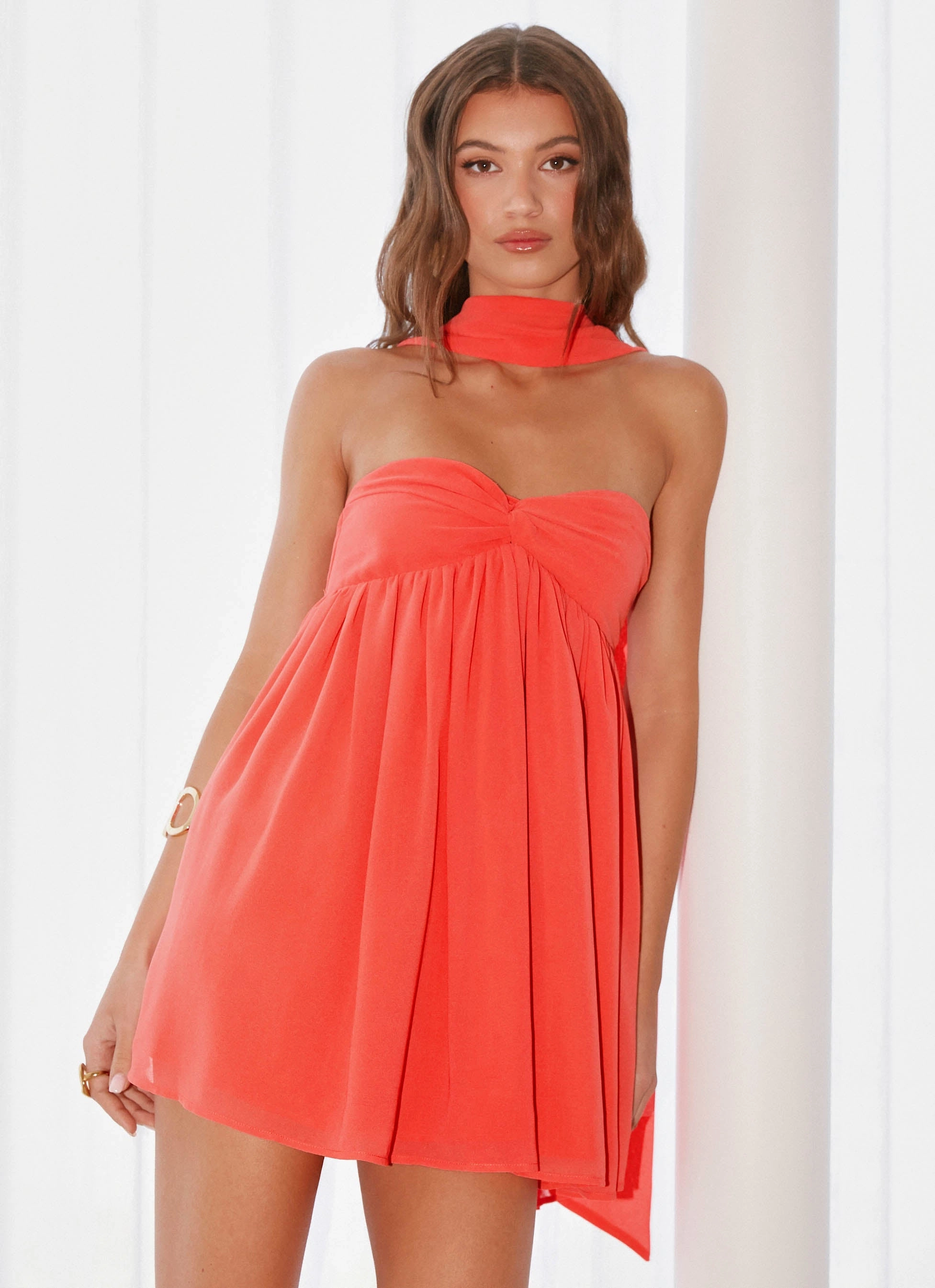 Stand Collar Fashion Event Saturn Mini Dress - Coral