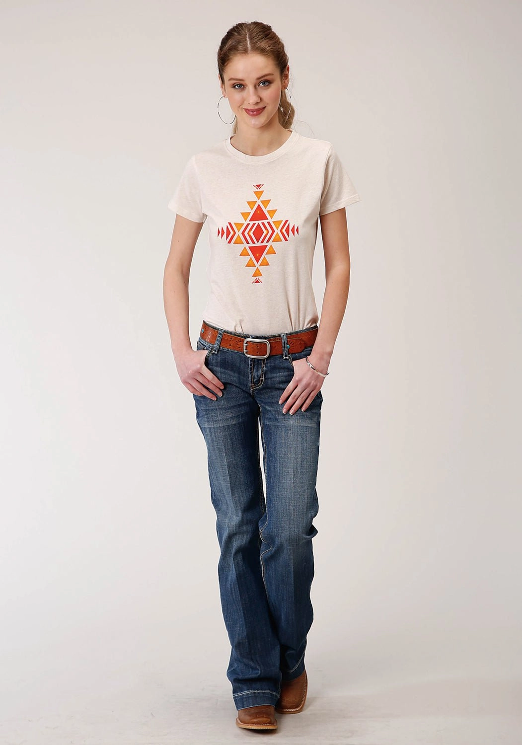 Earthy Hue Elegant Finish Roper Womens White 100% Cotton Red Aztec S/S T-Shirt