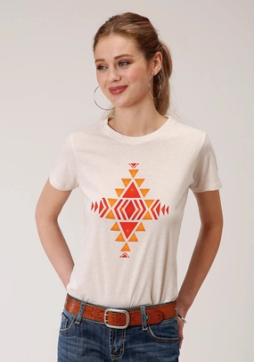 Vibrant color Roper Womens White 100% Cotton Red Aztec S/S T-Shirt