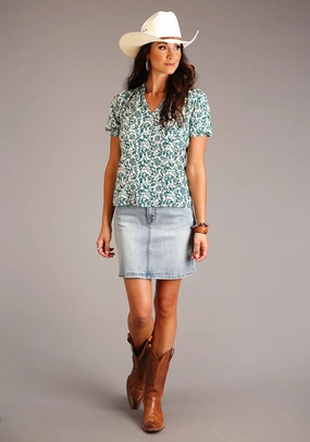 Stetson Womens Floral Print Jade 100% Rayon S/S Blouse Anti Static Fabric Tailored Fit