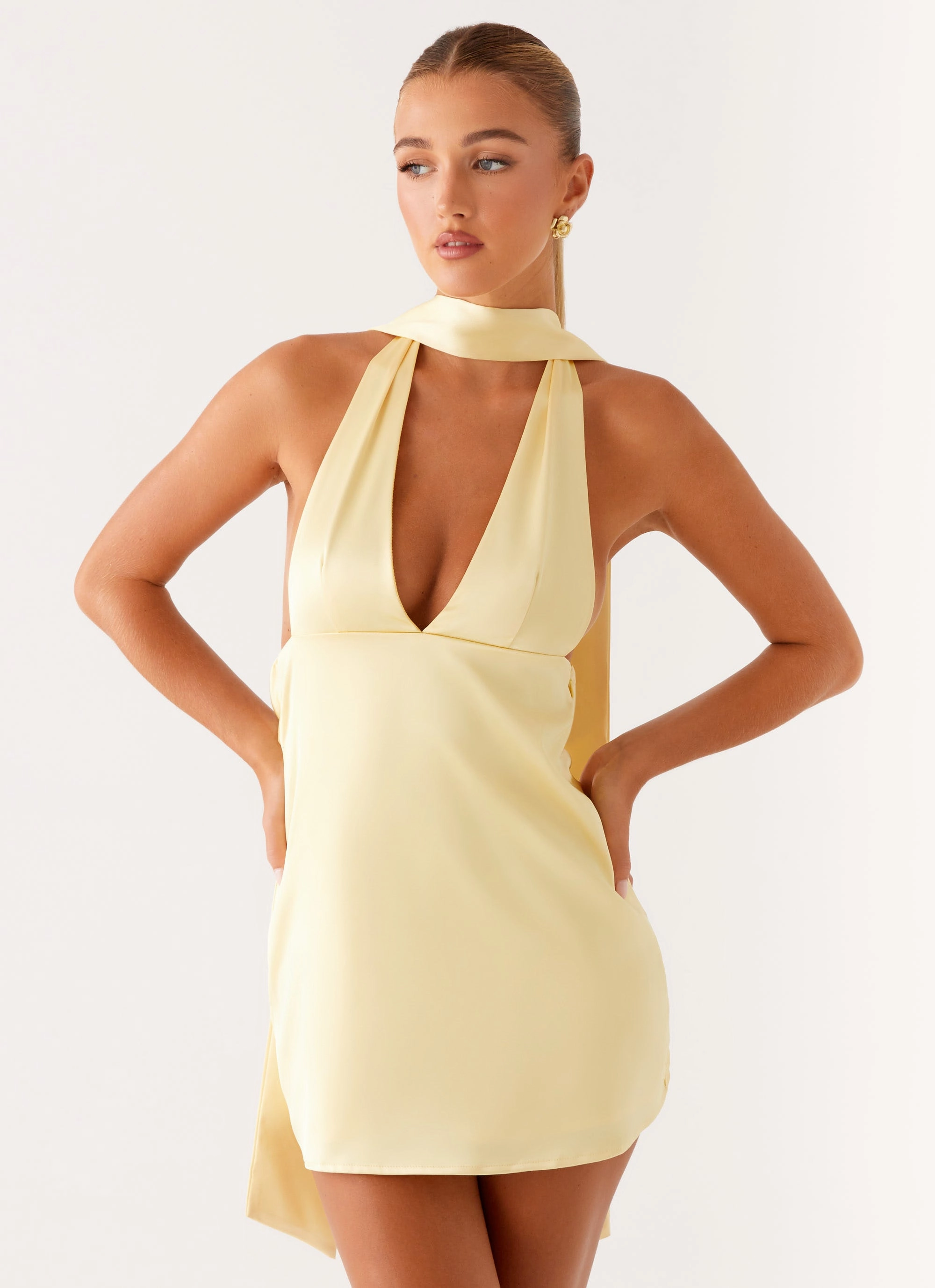 Travel Outerwear Stylish Protective Coat Alicia Satin Halter Mini Dress - Pastel Yellow