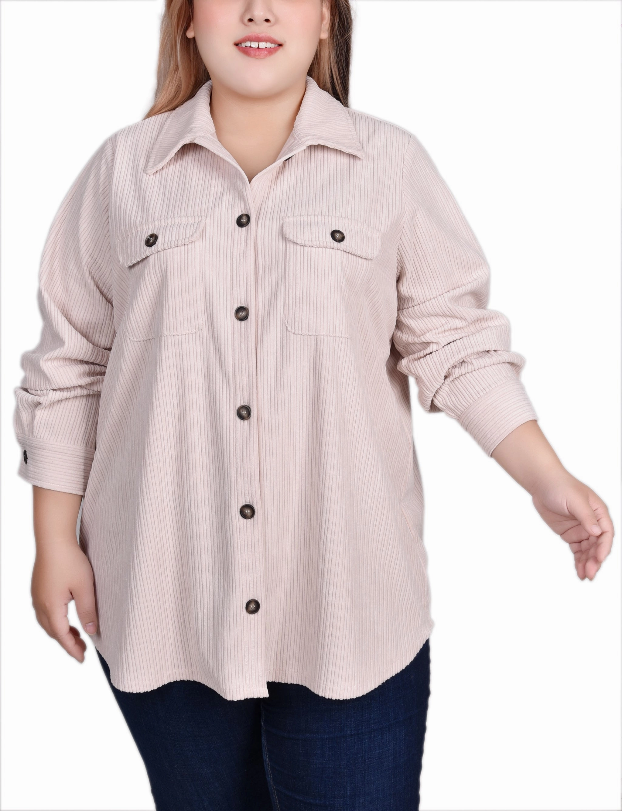 Plus Size Long Sleeve Corduroy Shirt Jacket OdorResistantTechnology Sporty Sweatshirt