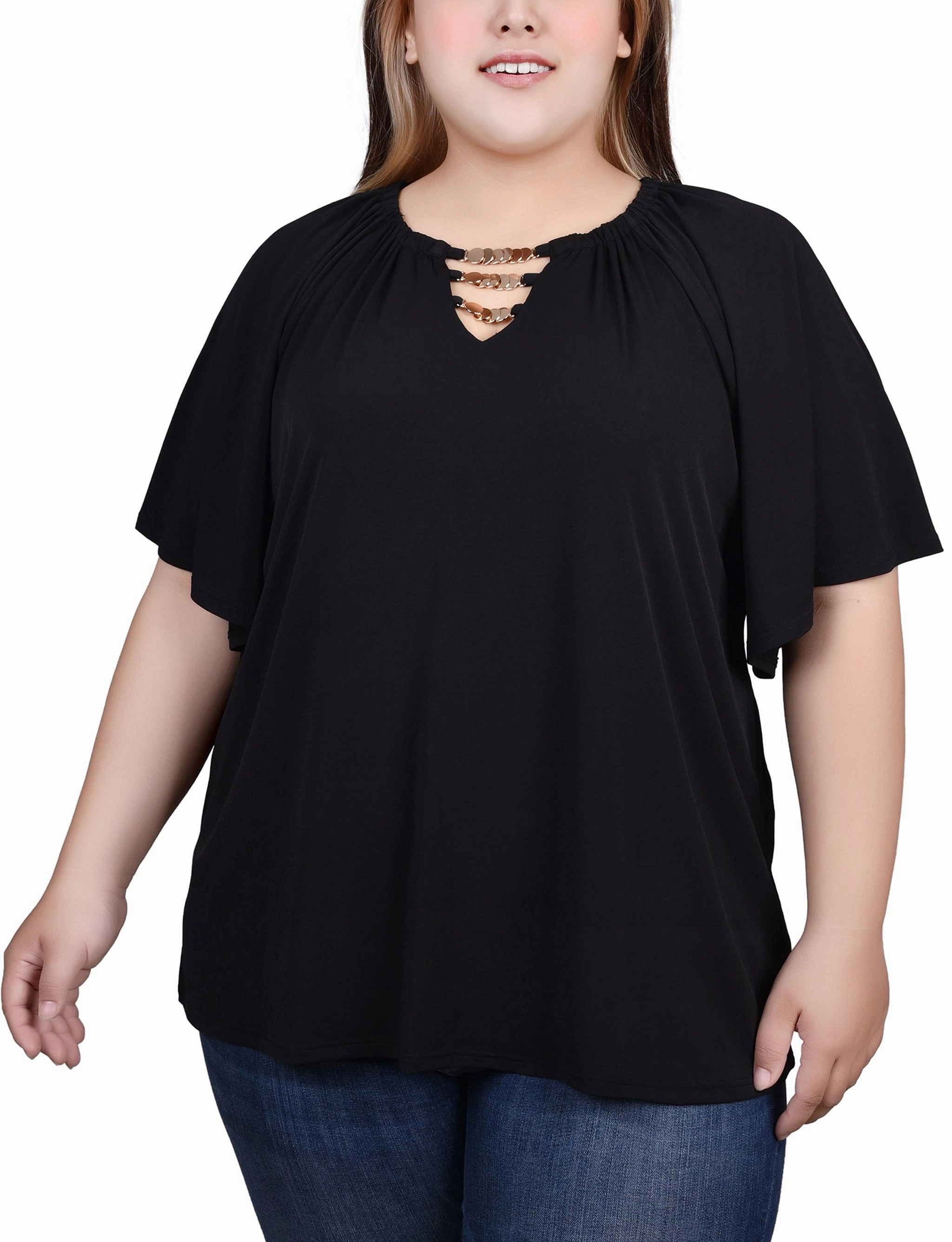 Plus Size Raglan Sleeve Top With Chain Details Young Edge