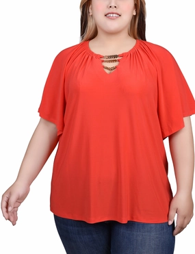 Ready Glow Plus Size Raglan Sleeve Top With Chain Details
