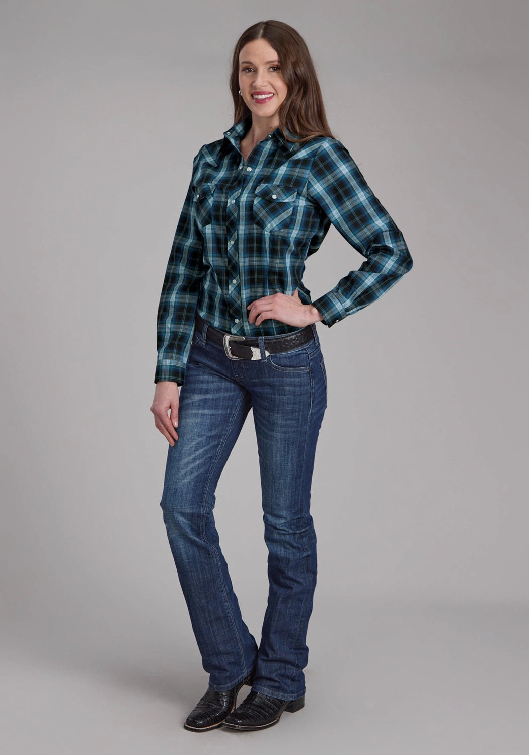 gender-neutral Trend-Driven Roper Womens 2128 Windowpane Plaid Multi Blue Cotton Blend L/S Shirt