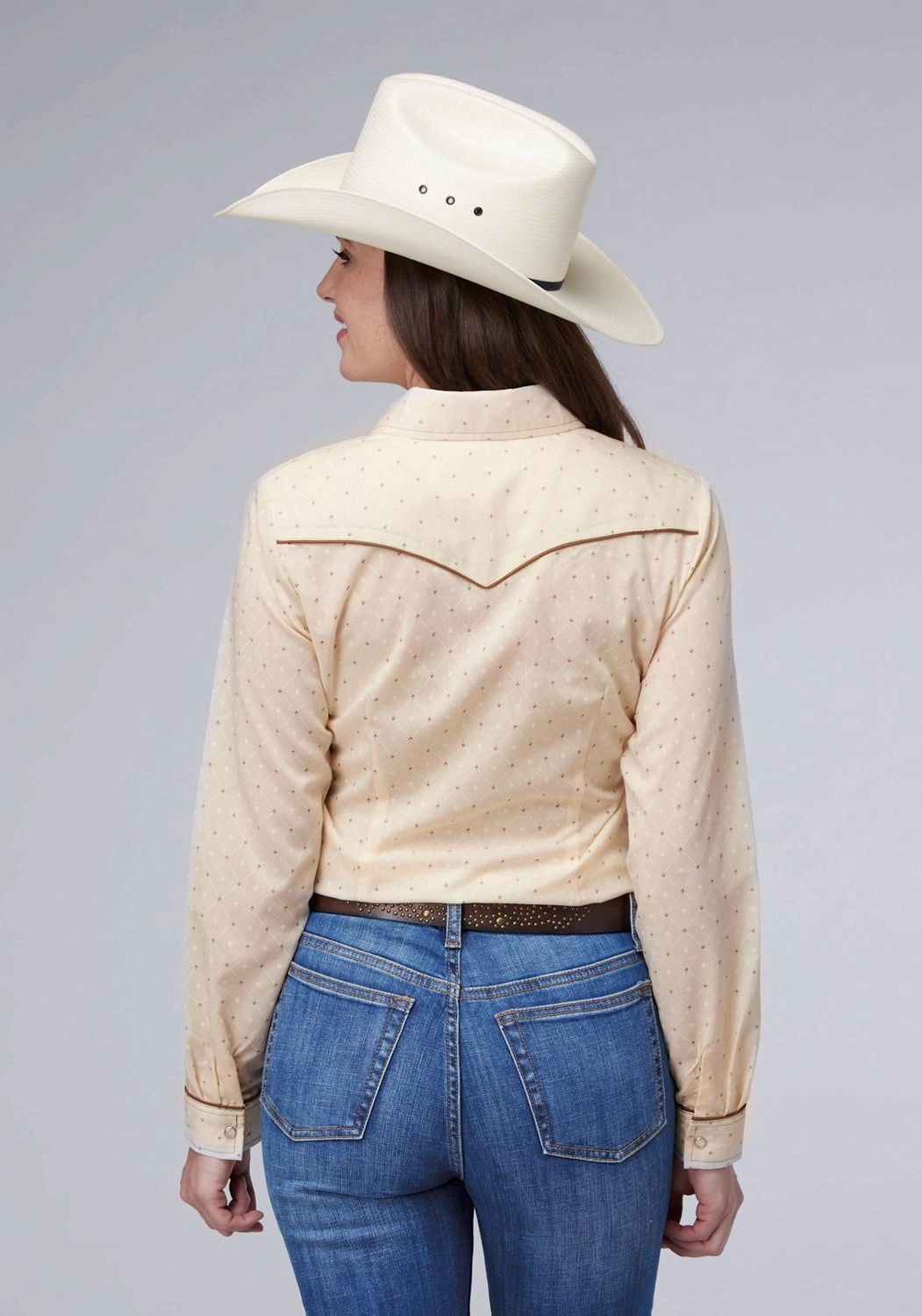 Fashion Statement High-Quality Material Roper Womens Diamond Wallpaper White/Cream Poly/Cotton L/S Shirt