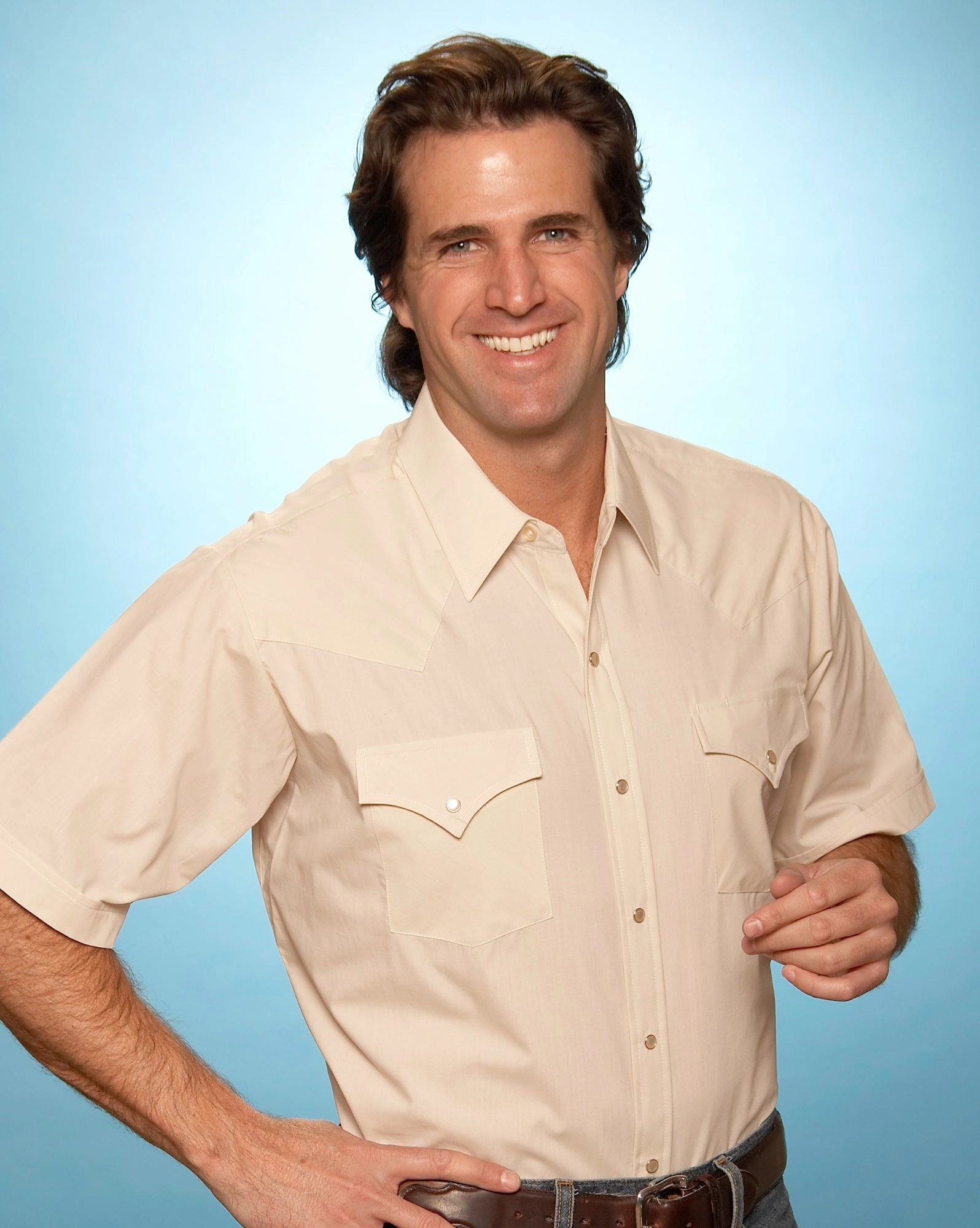 Corporate Retreat Ergonomic Back Panel Ely & Walker Mens Solid Ecru Western Shirt S/S Poly/Cotton Tall