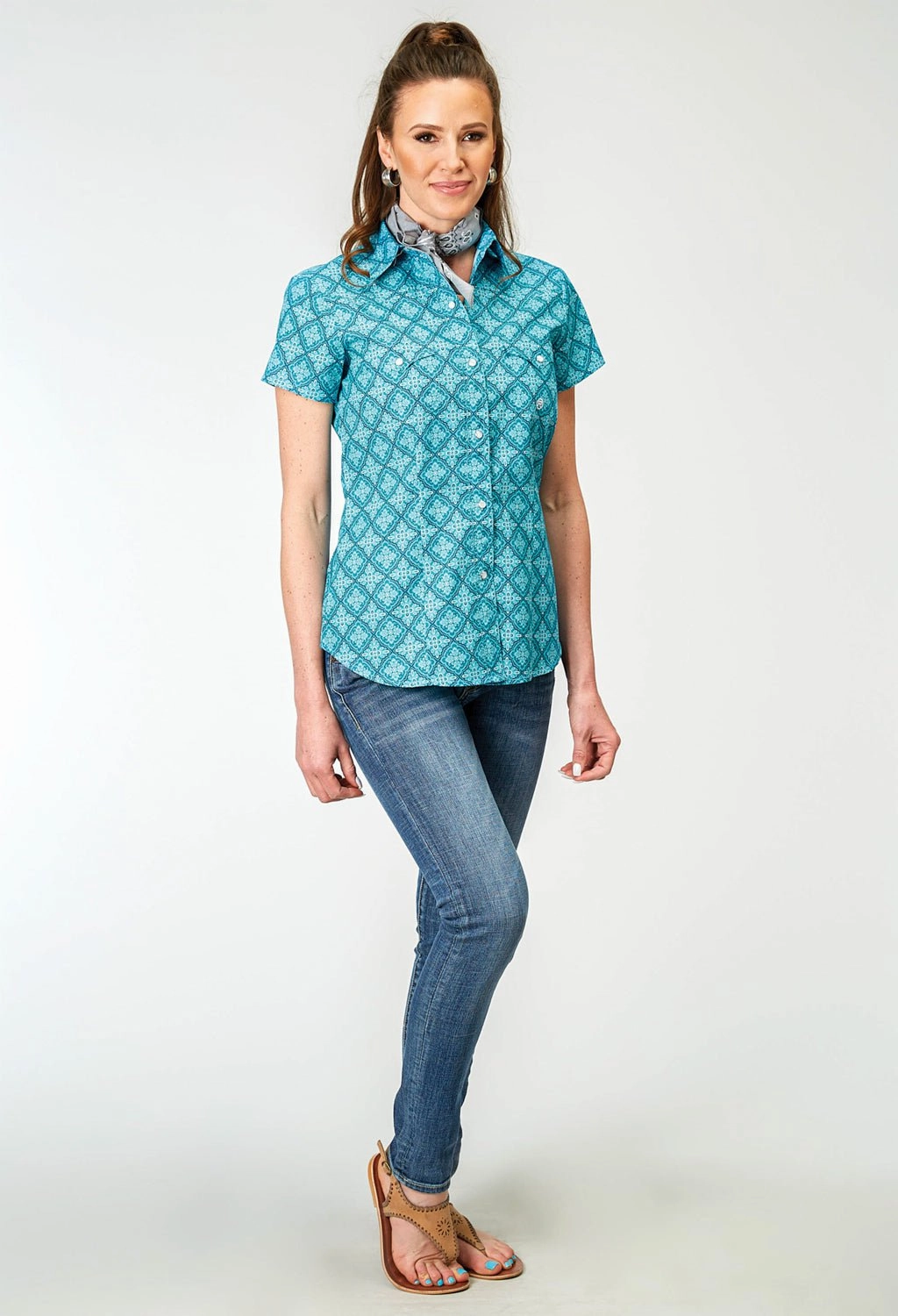 Roper Womens Lake Medallion Blue 100% Cotton S/S Shirt Stretchy Cloth