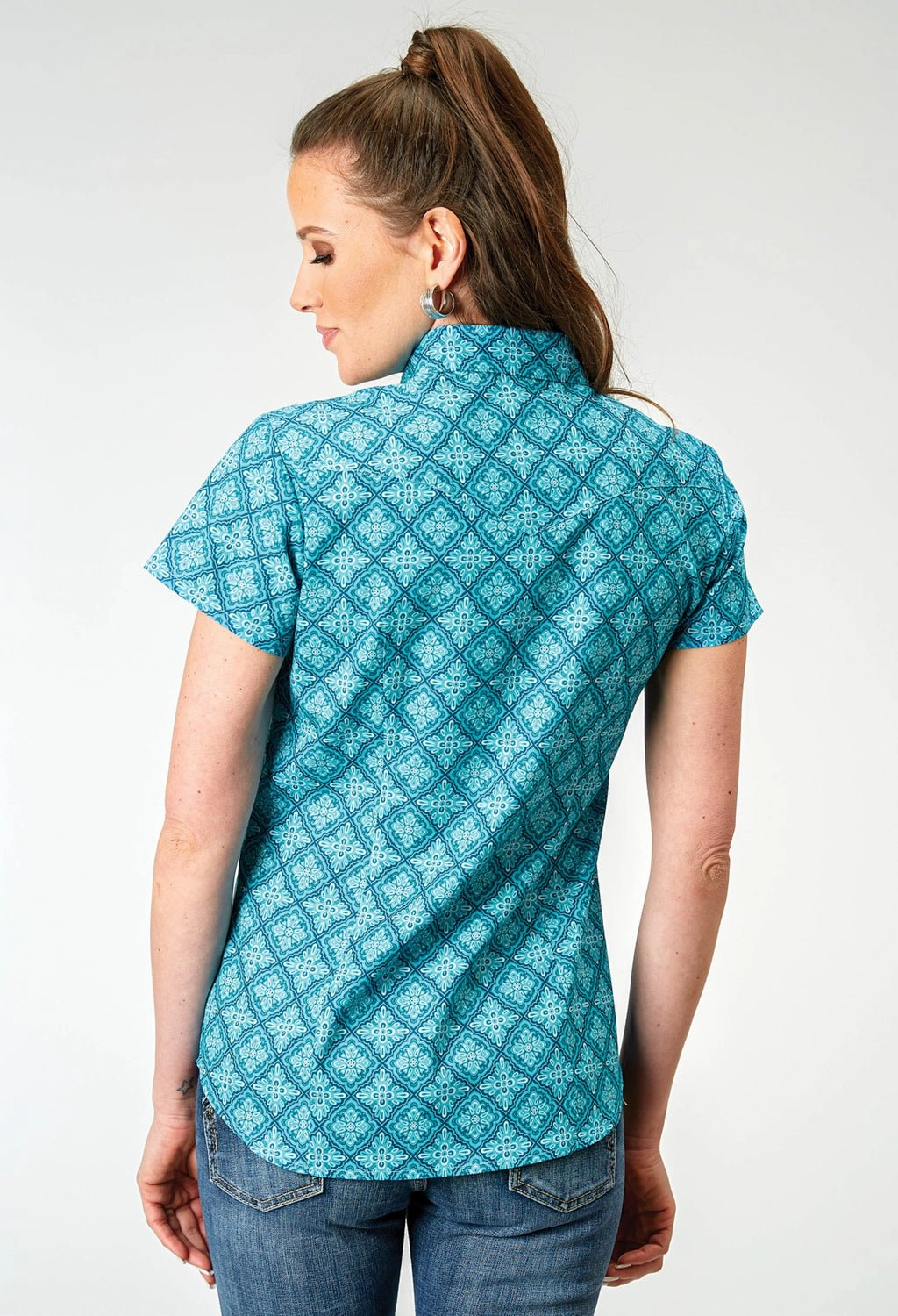 Roper Womens Lake Medallion Blue 100% Cotton S/S Shirt Microfiber Material Black Tie Optional