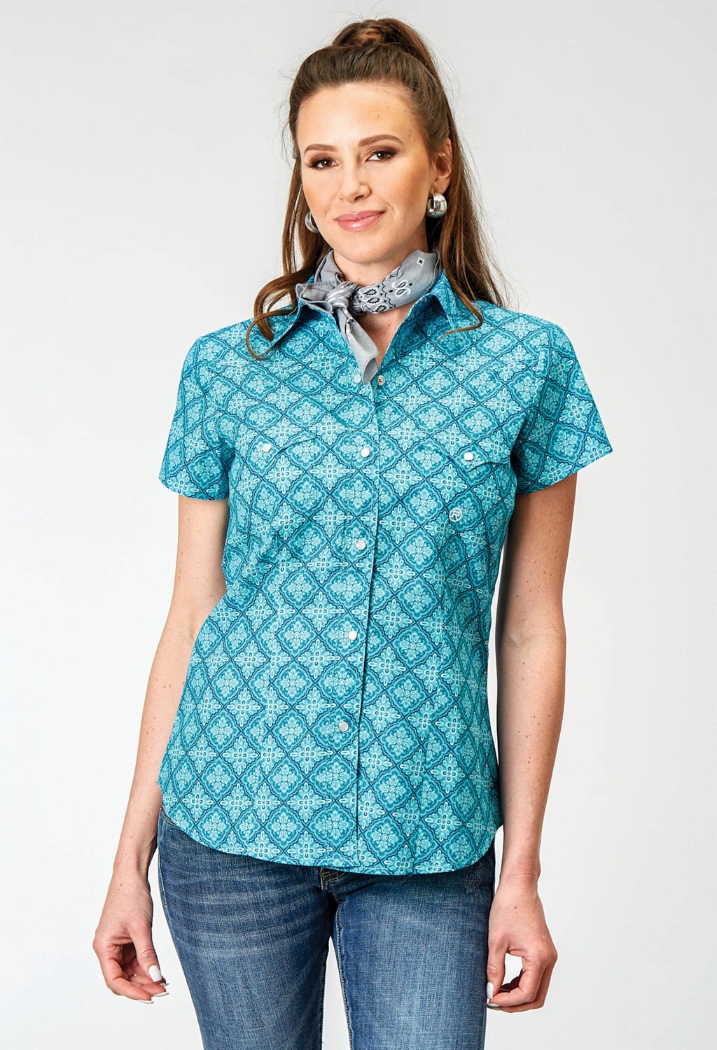 Abstract print Odor control Roper Womens Lake Medallion Blue 100% Cotton S/S Shirt