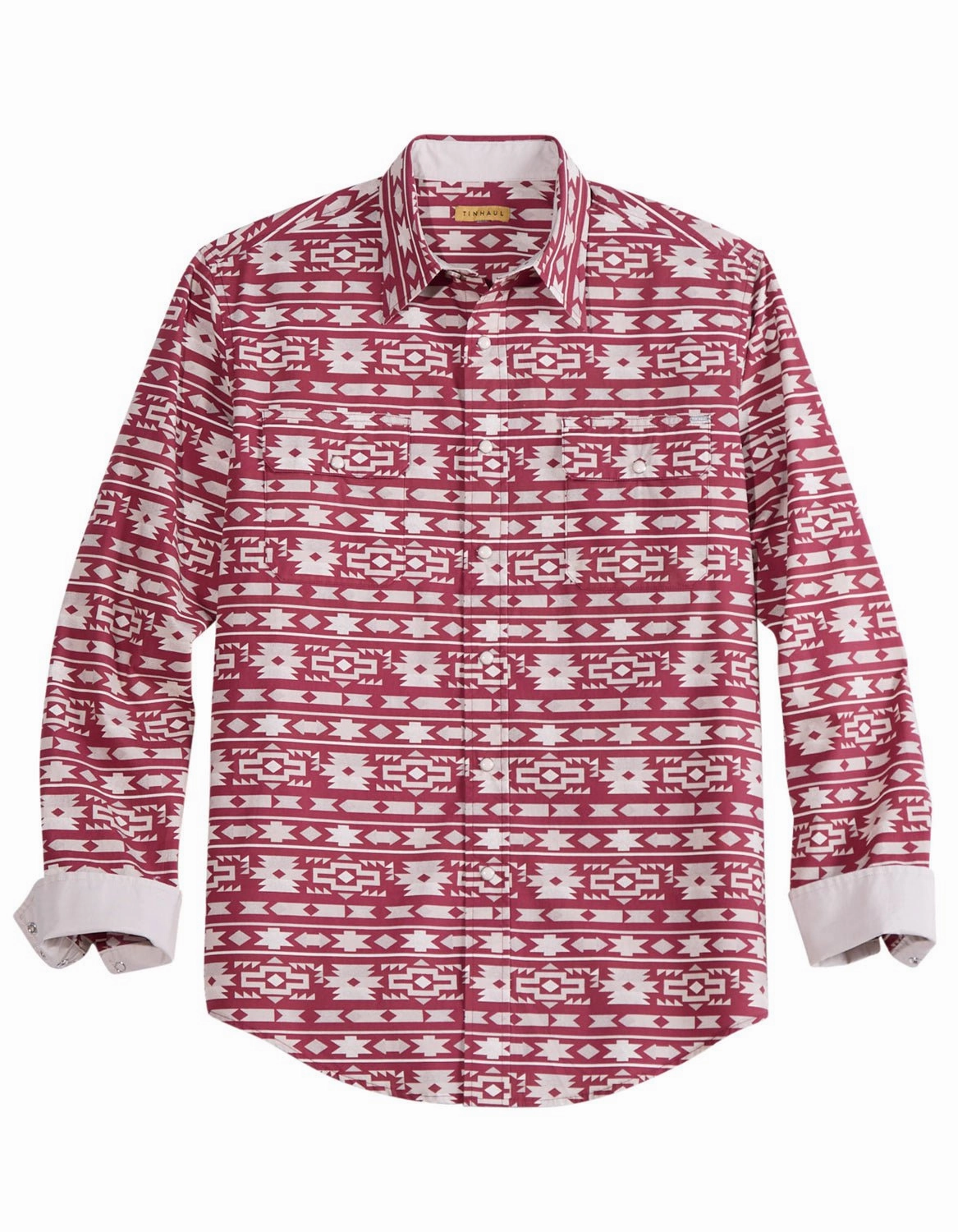 Tin Haul Mens Aztec Stripe Wine/White 100% Cotton L/S Shirt Neutral Colors Everyday Essential