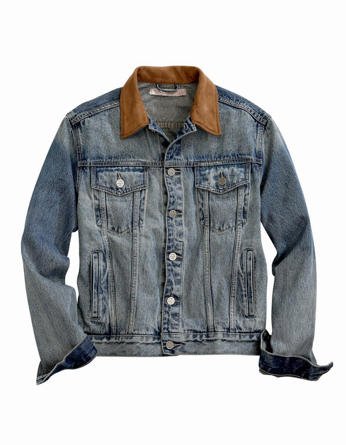 FadeResistant Print Functional Pockets Style Tin Haul Mens Blue 100% Cotton Denim Suede Collar Jacket
