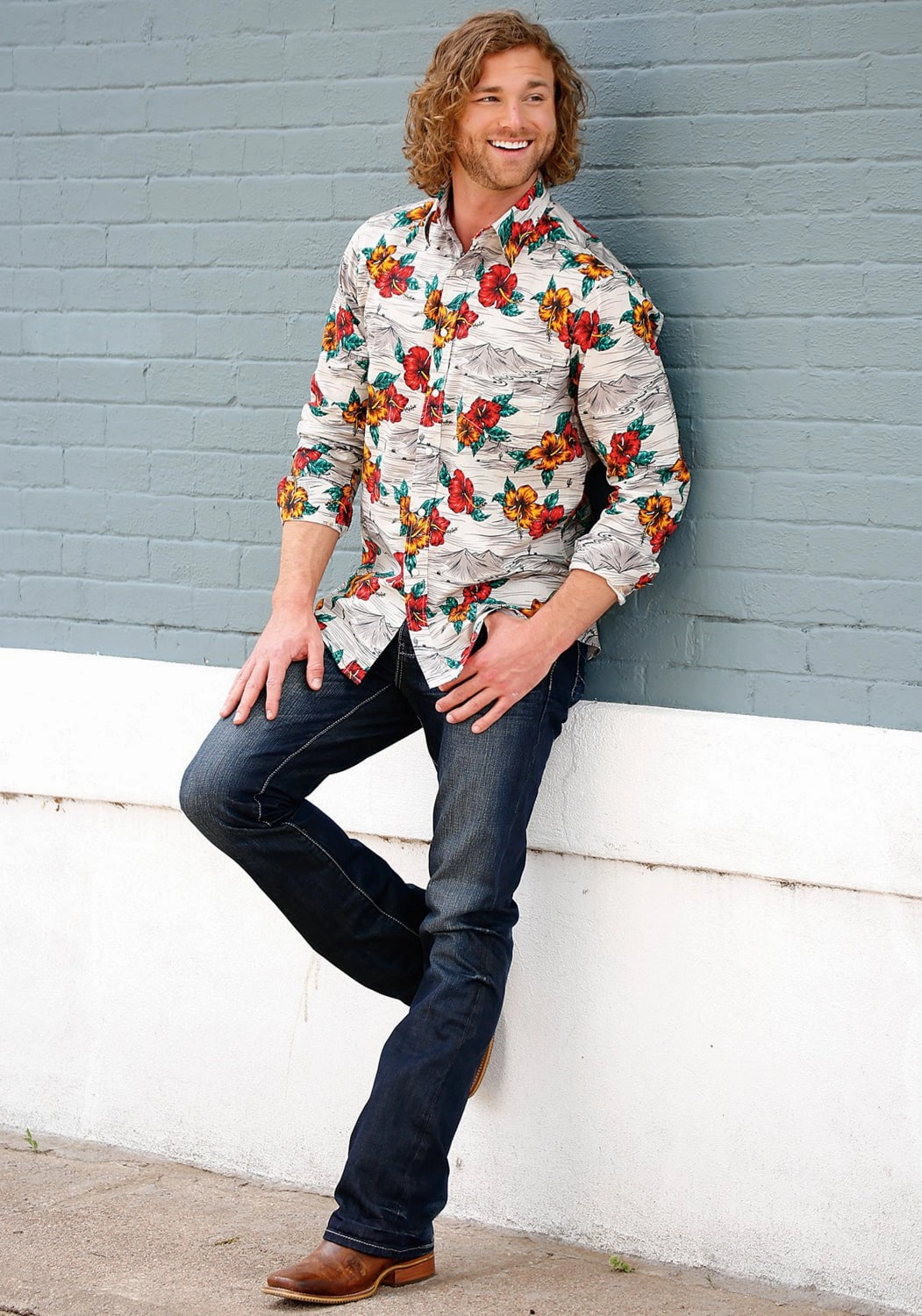 Tin Haul Mens Landscape Tropical Grey 100% Cotton L/S Shirt Resort Wear